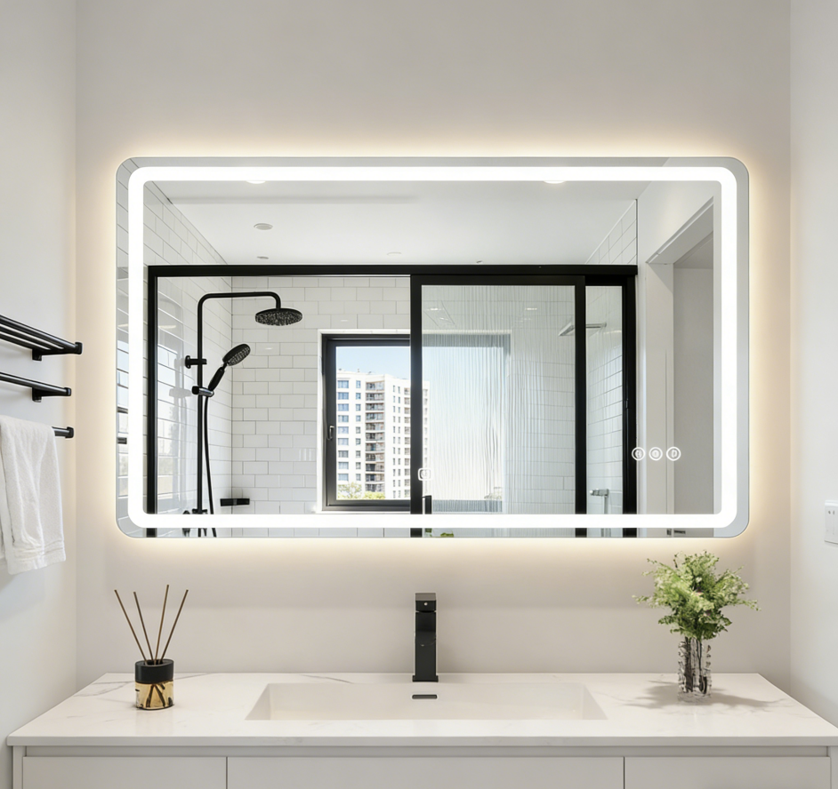 Flasidu – Beleuchteter Badezimmerspiegel – 100 × 80 Cm – Antibeschlagfunktion – Stereoanlage Mit Zwei Bluetooth-lautsprechern – Hochwertiges Sicherheitsglas – Dreifarbige, Einstellbare Beleuchtung