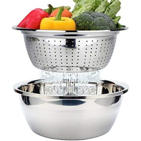 Edelstahlsieb, Sieb Mit Edelstahlschüssel, Schüssel Zum Waschen Von Gemüse, Salat, Obst, Nudeln Oder Reis, Stapelbar, 26 Cm.