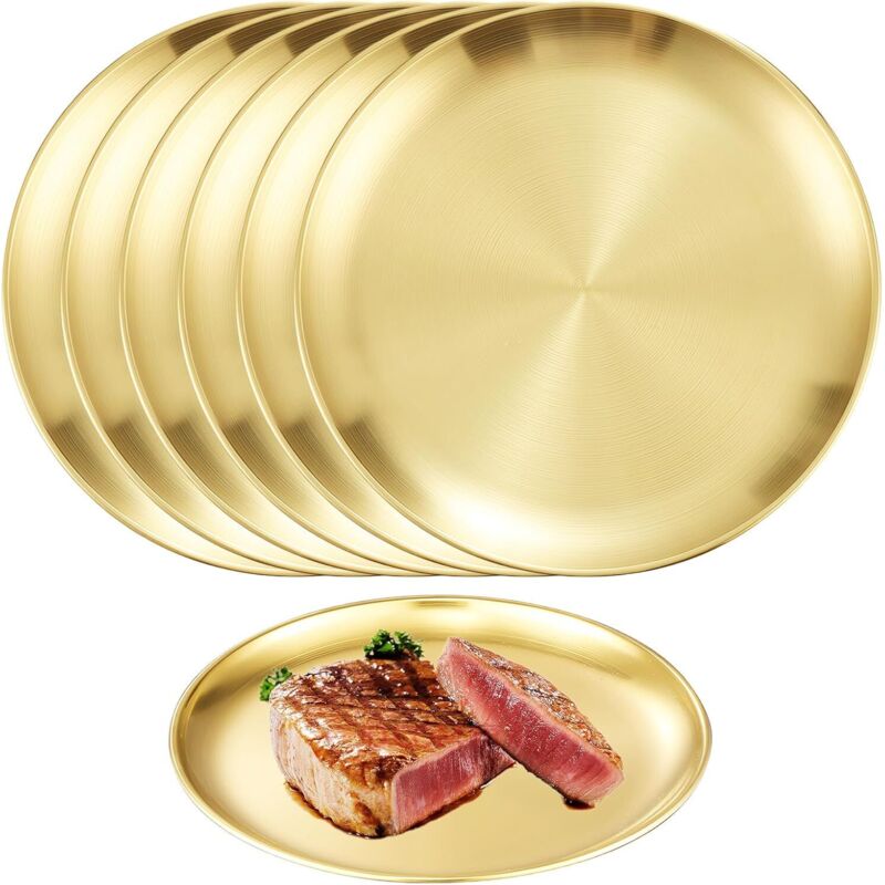 Set Mit 6 Runden, Goldfarbenen Edelstahl-tellern: Campingteller, Servierteller, Pastateller, Rundes Tablett, Zum Kochen, Campen, Picknicken Und Für Partys.