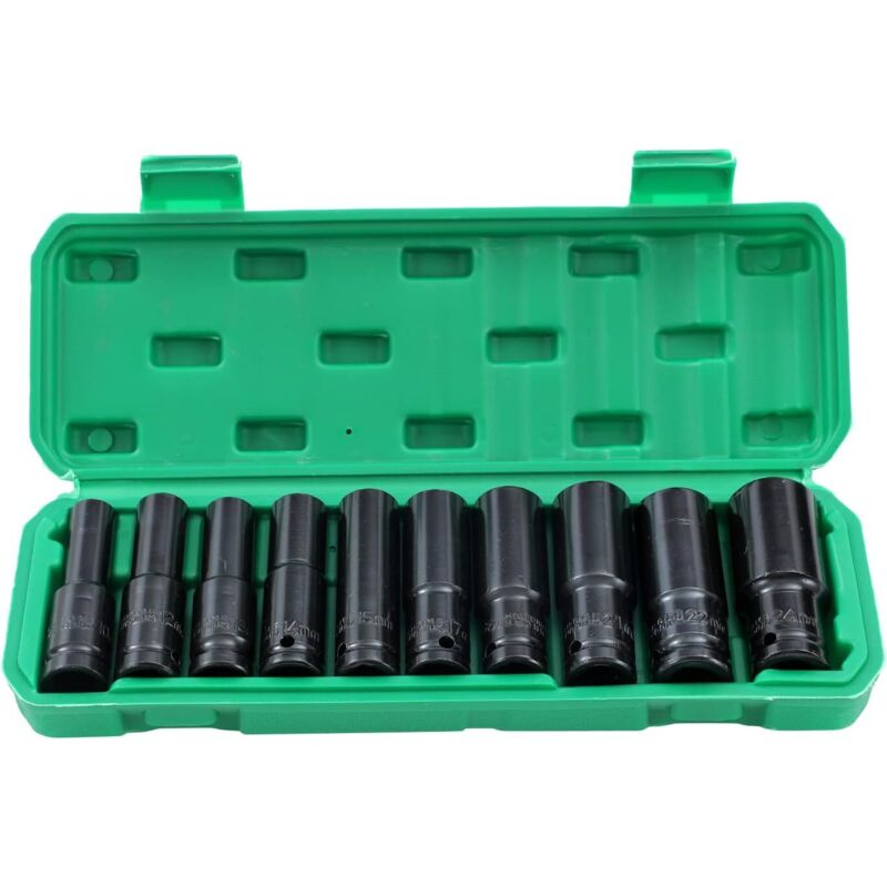Set Mit 10 Tiefen Schlagstecknüssen Mit 1/2"-antrieb, Metrische Größen Von 8 Mm Bis 24 Mm, Motorreparaturwerkzeug Für Traktoren Und Lkws (wirtschaftlich)