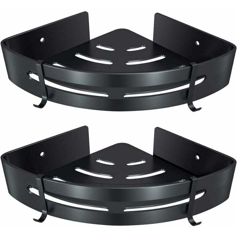 Eckregal Fürs Badezimmer, Kein Bohren Erforderlich, Aluminium, Selbstklebend, Für Shampoo, Seife Und Handtücher, Mit Haken (dreieckig, Schwarz, 2 Stück)