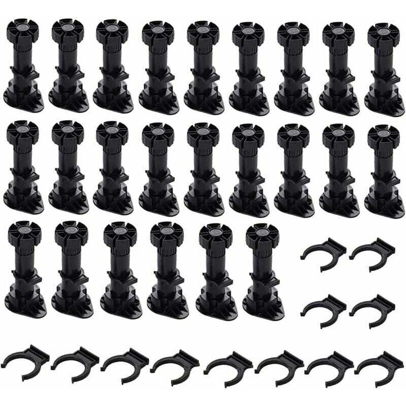 Set Mit 24 Verstellbaren Möbelfüßen Aus Dickem, Schwarzem Kunststoff Mit Befestigungsclip Für Küchen- Oder Badezimmerschränke, Kleiderschränke Und Sofas (120-150 Mm)