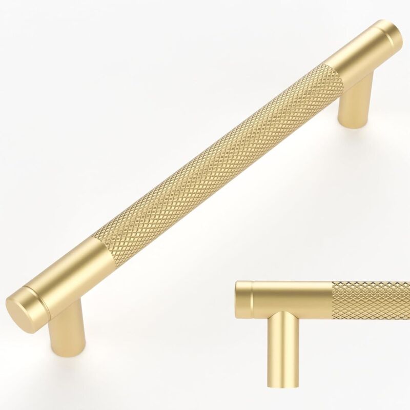 Set Aus 10 Gerändelten, Goldfarbenen Schubladengriffen, 128 Mm Mittenabstand, Für Kommoden, Kleiderschränke Und Garderoben.