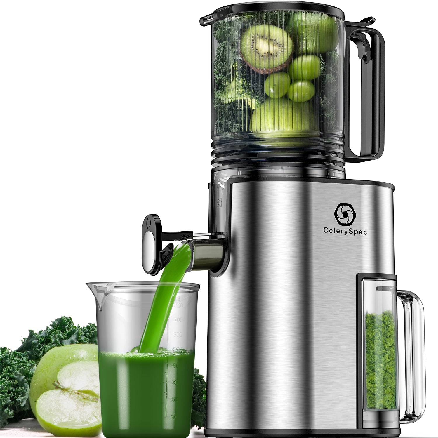 Celeryspec Sj-048-eu-ss Entsafter - Für Ganze Gemüse Und Obst 250w Leistung 1.8l Kapazität Saftpresse Lebensmittelechtes Material Edelstahl 130 Mm Einfüllöffnung Rücklauffunktion - Silber