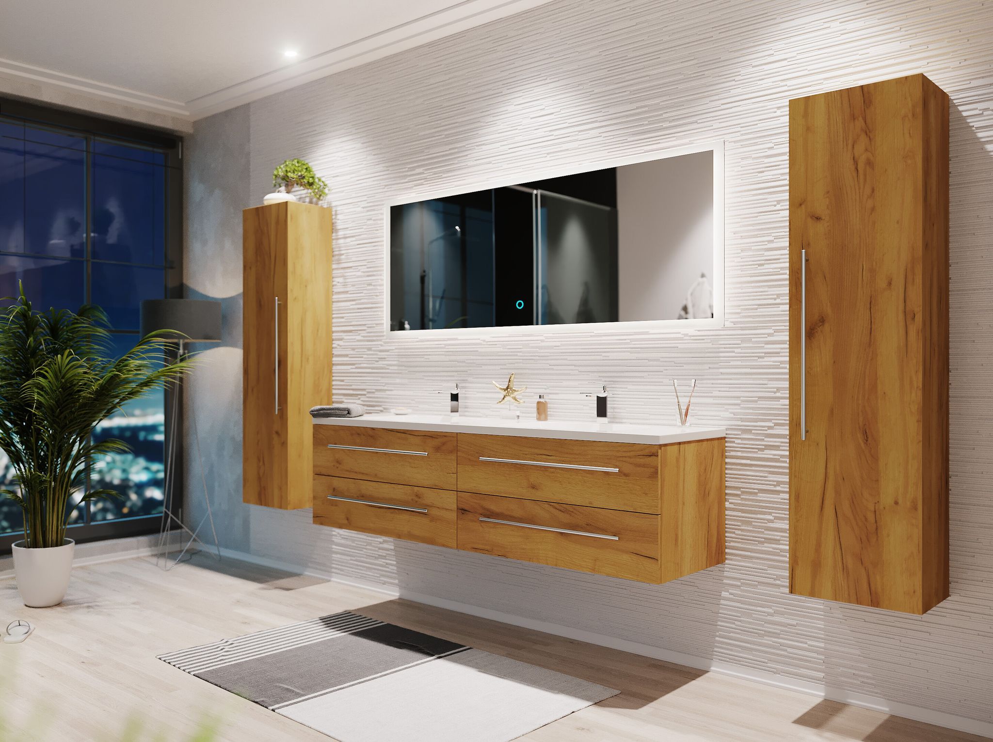 Badmöbelset Colossos160 4-teilig Led Spiegel 2x Hochschrank Eiche Gold