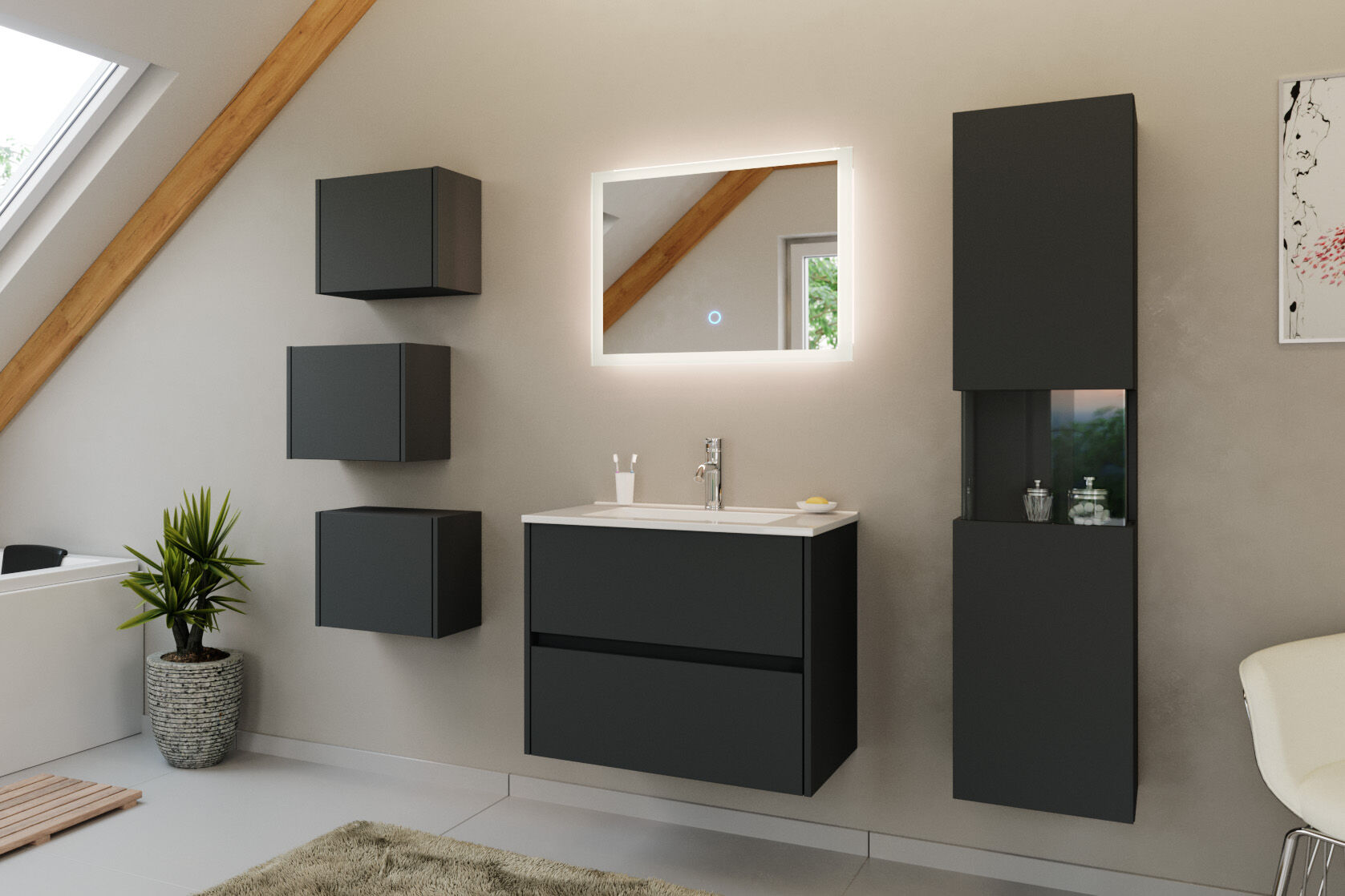 Badmöbel Set Taifun 4tlg. 70cm Mit Led Spiegel 3er Boxen Und Hochschrank Grafit
