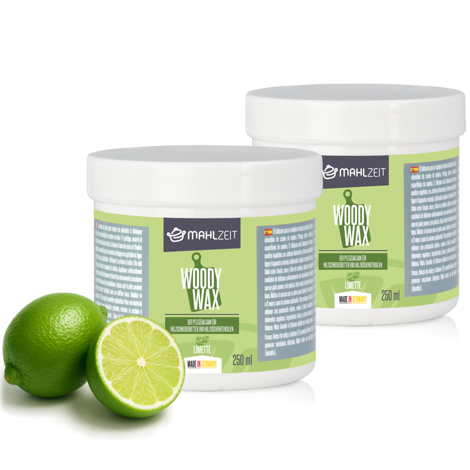 Mahlzeit Woody Wax Holzpflege Set Für Schneidebrett, 2x 250 Ml, Limettenduft, 100% Natürlich