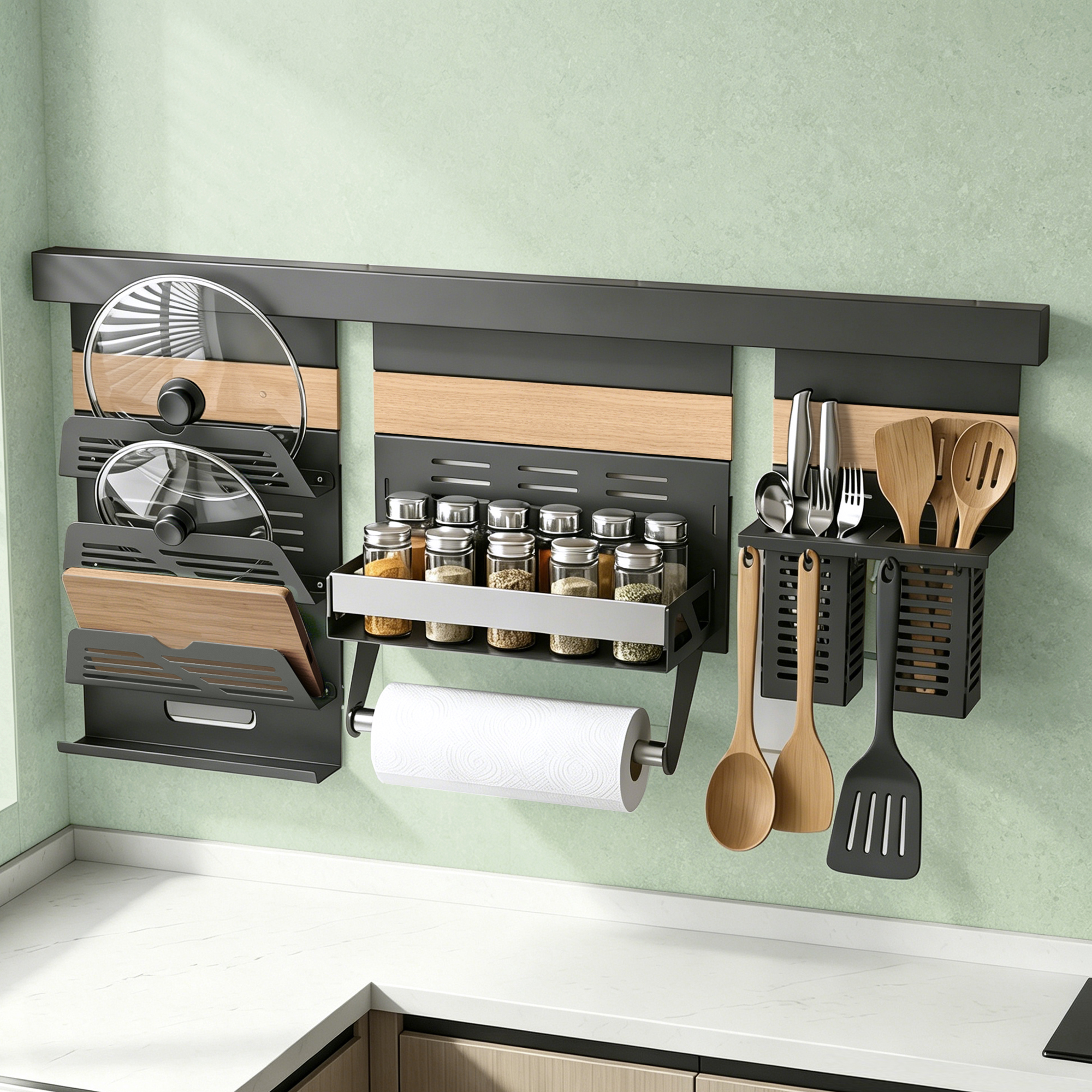 Mai & Mai Gewürzregal Küche Mit Topfdeckelhalter, Küchenrollenhalter Und Utensilientöpfe Inkl. 5 Haken, Multifunktional Küchenregal Abnehmbar Mit Schiene 82cm, Küchen Organizer Grau Reglo-10-11-12