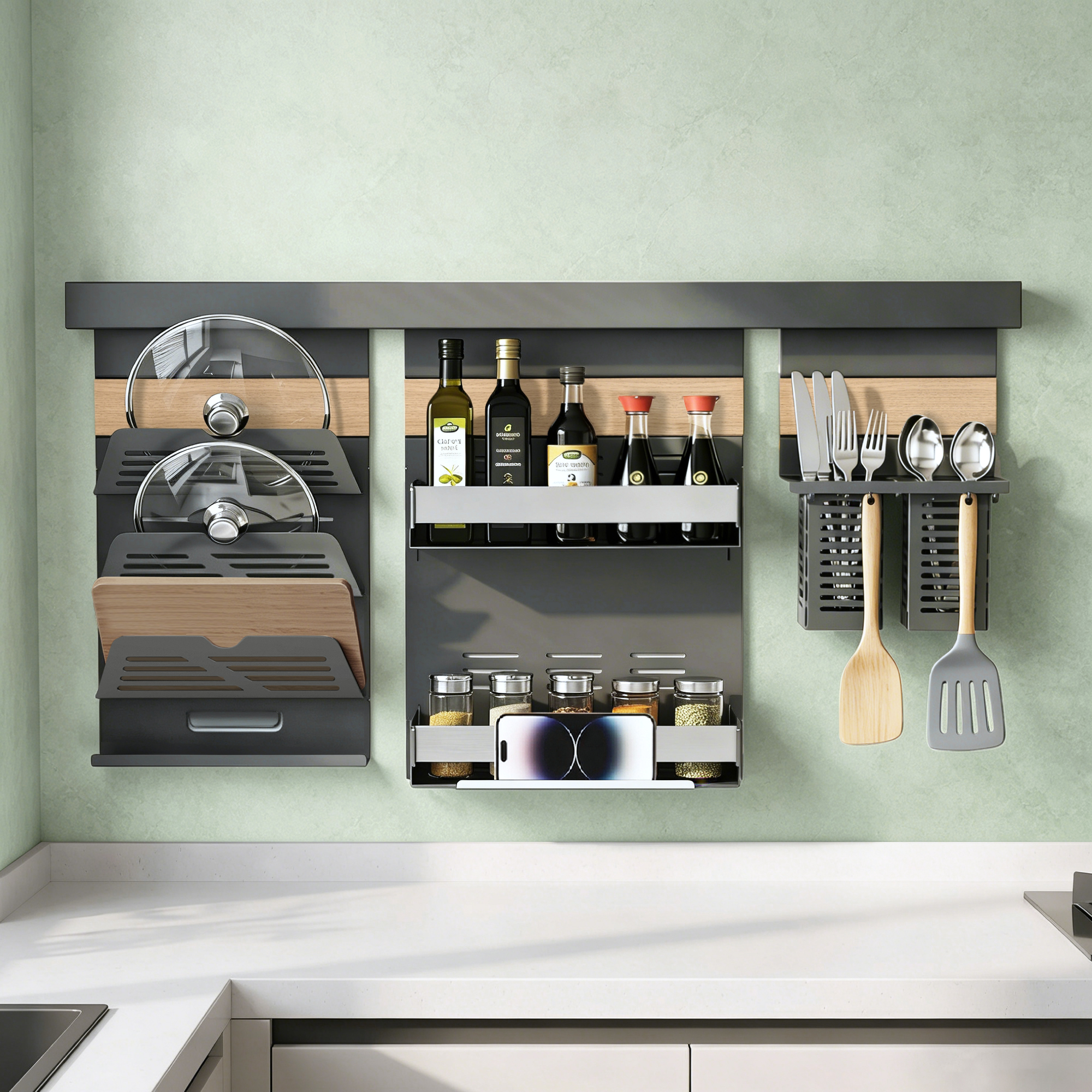Mai & Mai 2-stöckiges Gewürzregal Küche Mit Topfdeckelhalter, Handyhalter Und Utensilientöpfe Inkl. 5 Haken, Multifunktional Küchenregal Abnehmbar Mit Schiene 82cm, Küchen Organizer Reglo-09-11-12