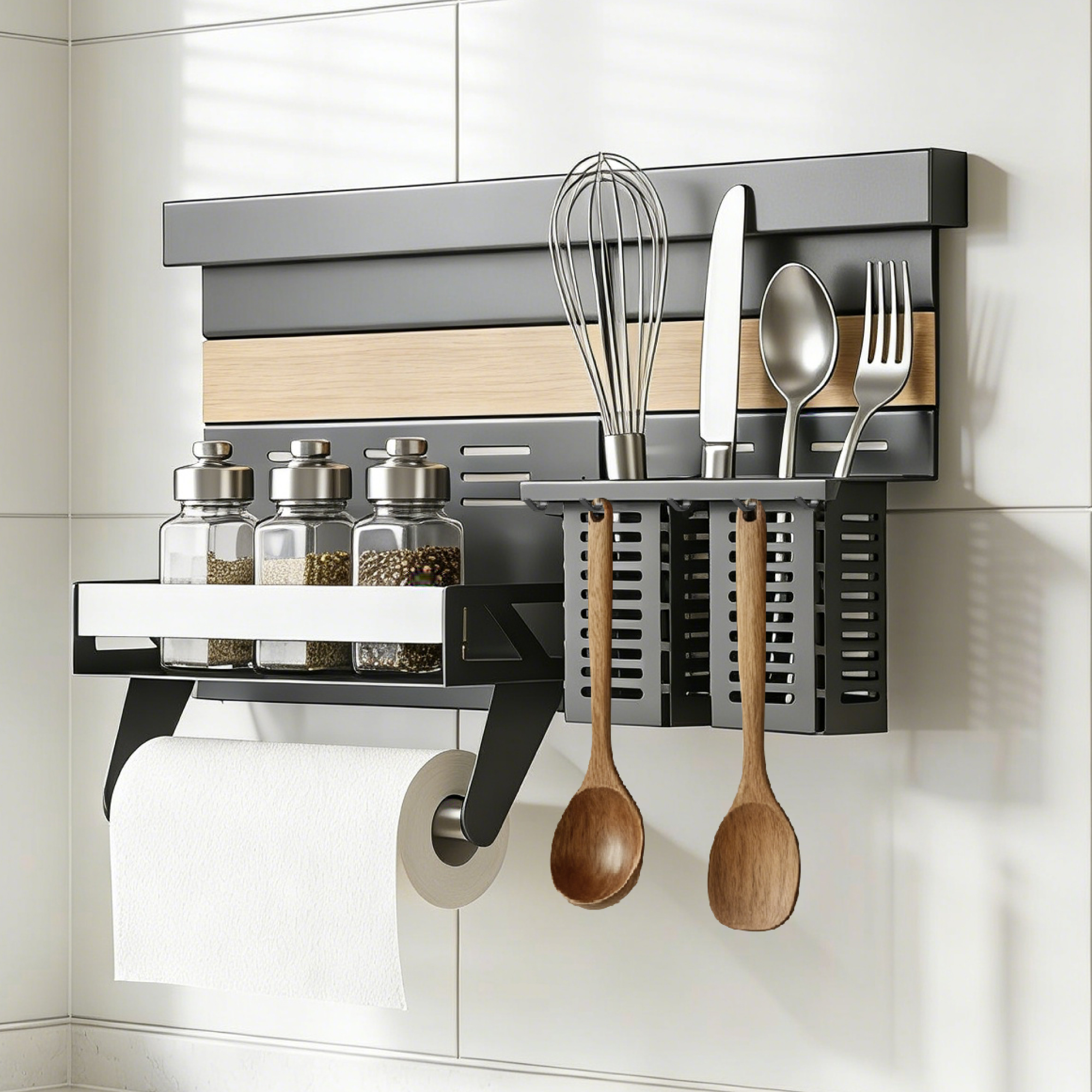 Mai & Mai Gewürzregal Küche Mit Küchenrollenhalter Und Utensilientöpfe Inkl. 5 Haken, Multifunktional Küchenregal Abnehmbar Mit Schiene 52cm, Küchen Organizer Grau Reglo-10-12