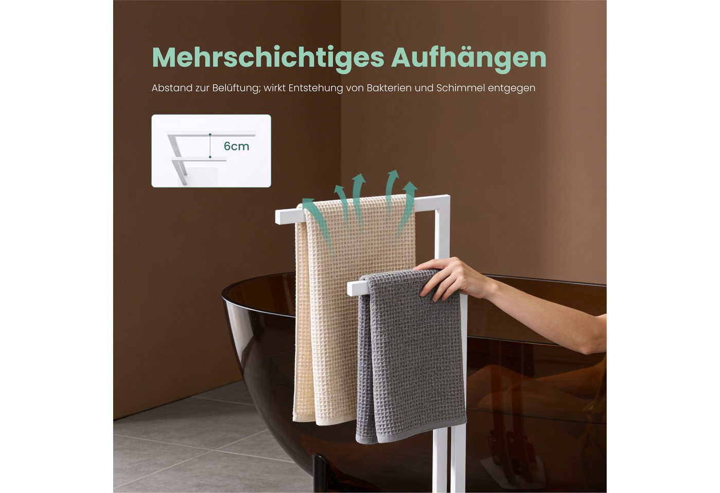 Mai & Mai Handtuchhalter Stehend Mit 2 Stangen, Handtuchständer Ohne Bohren Aus Edelstahl, Freistehender Badetuchhalter Matt Weiß 25x15x78cm Tavrin-02 Bild 3