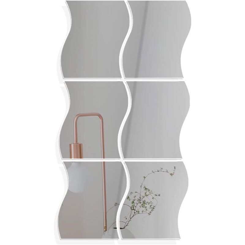 6 Stück Silberne Wandspiegel Aufkleber Selbstklebende Wandspiegel In Wellenform Diy Spiegelaufkleber Für Büro, Zuhause, Schlafzimmer Dekoration -14 19cm