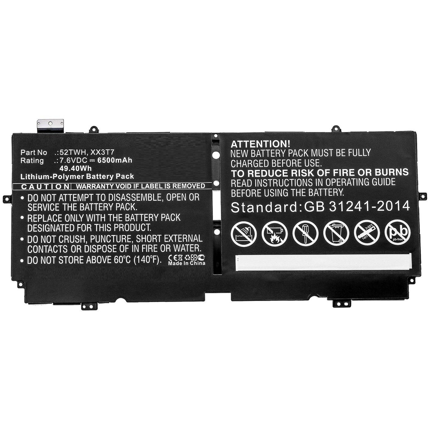 Dell Laptop-akku, Li-polymer 49,40 Wh 7,6 V 6500 Mah, Schwarz, Xps 13 7390, Mbxde-ba0222
