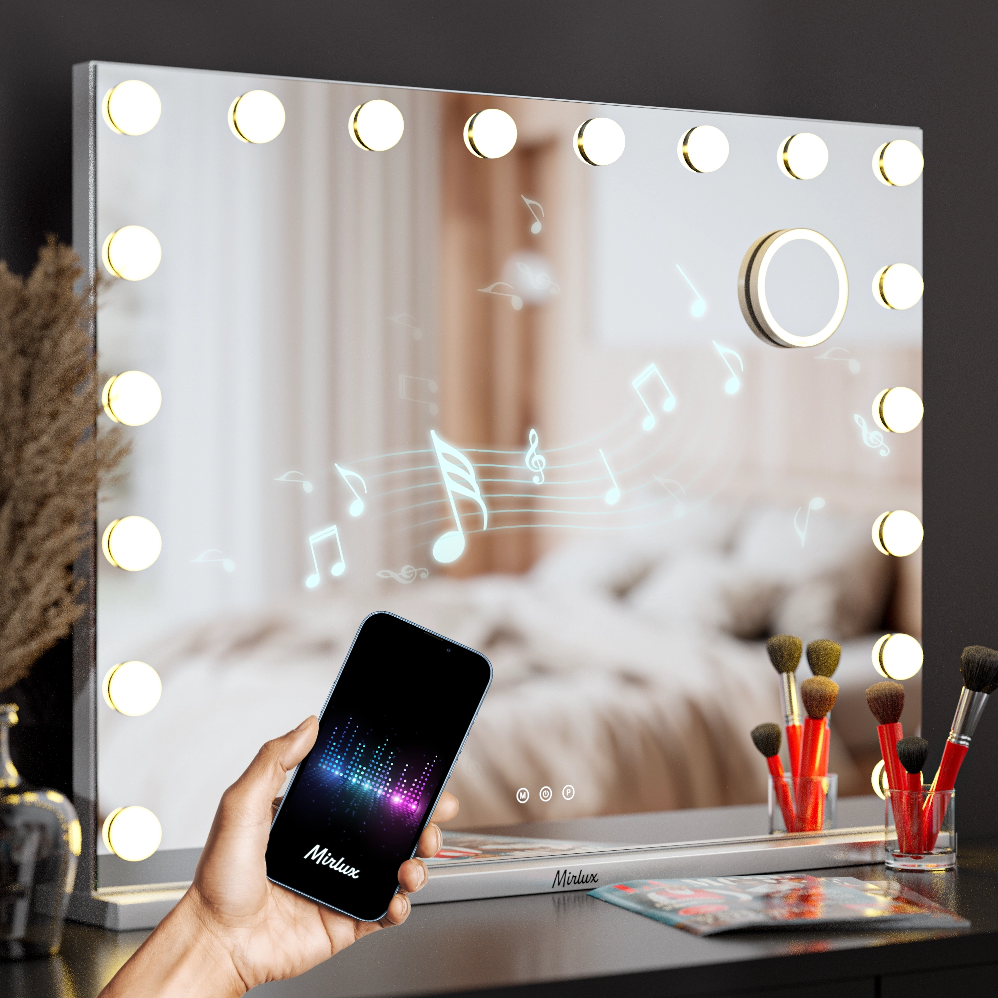 Hollywood Spiegel - Bluetooth-lautsprecher - 80x60cm - Weiß