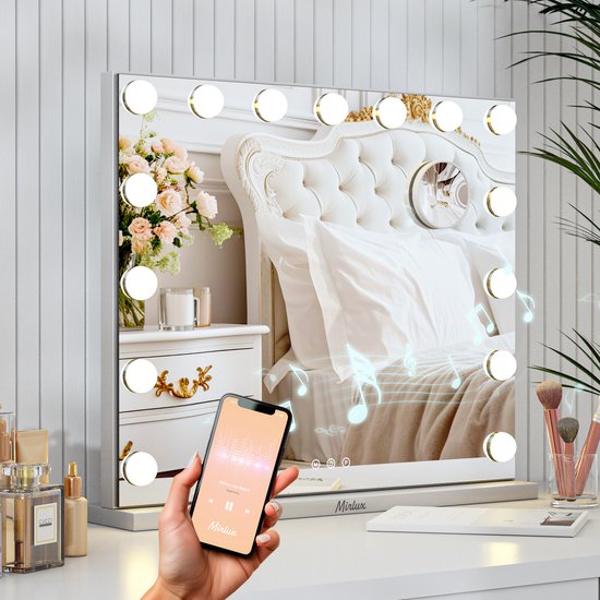 Hollywood Spiegel - Bluetooth-lautsprecher - 58x48cm - Weiß