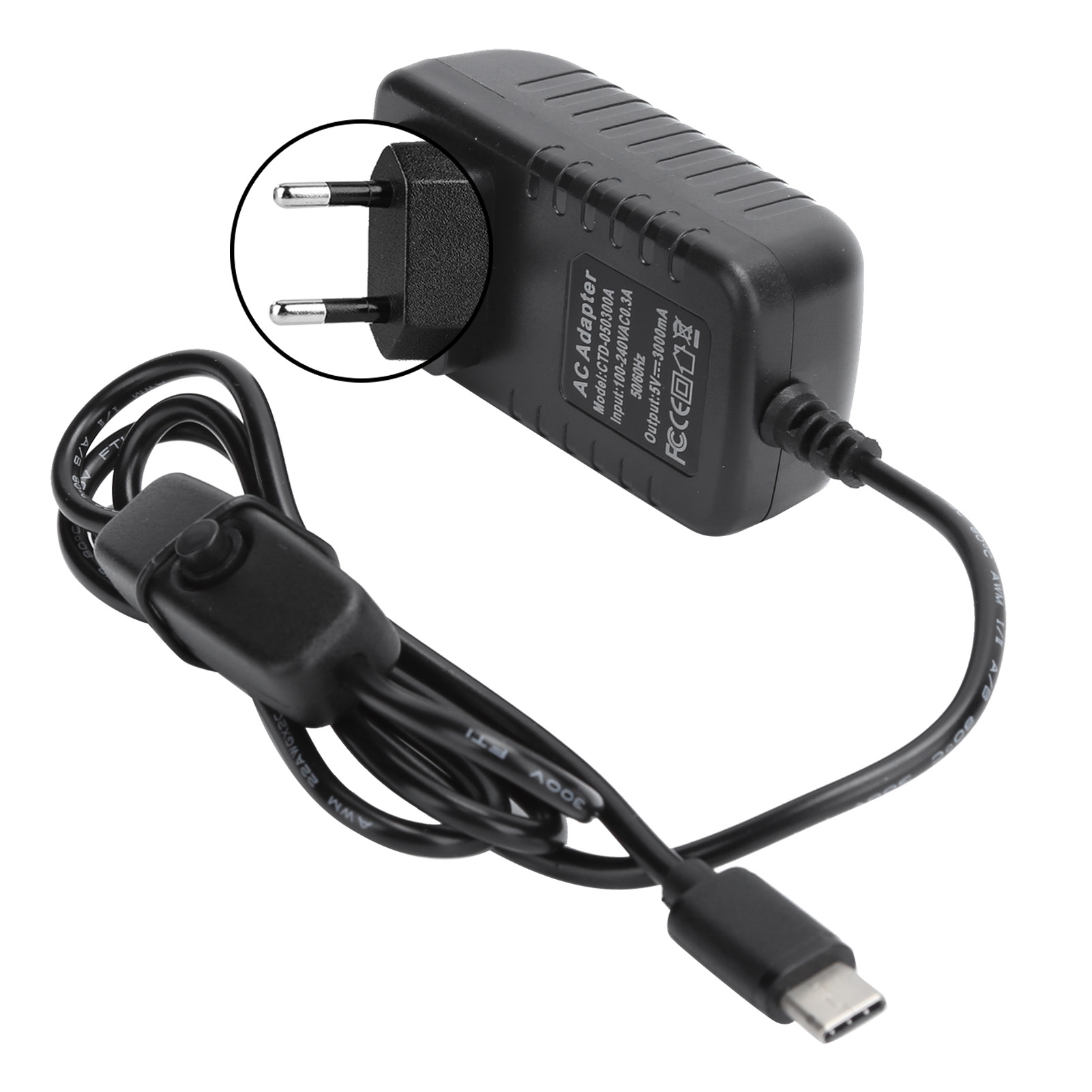 5v 3a Wechselstromnetzteil Mit Usb-c-kabel Für Raspberry Pi 4b - Integrierter Schalter - 100-240v (eurostecker)