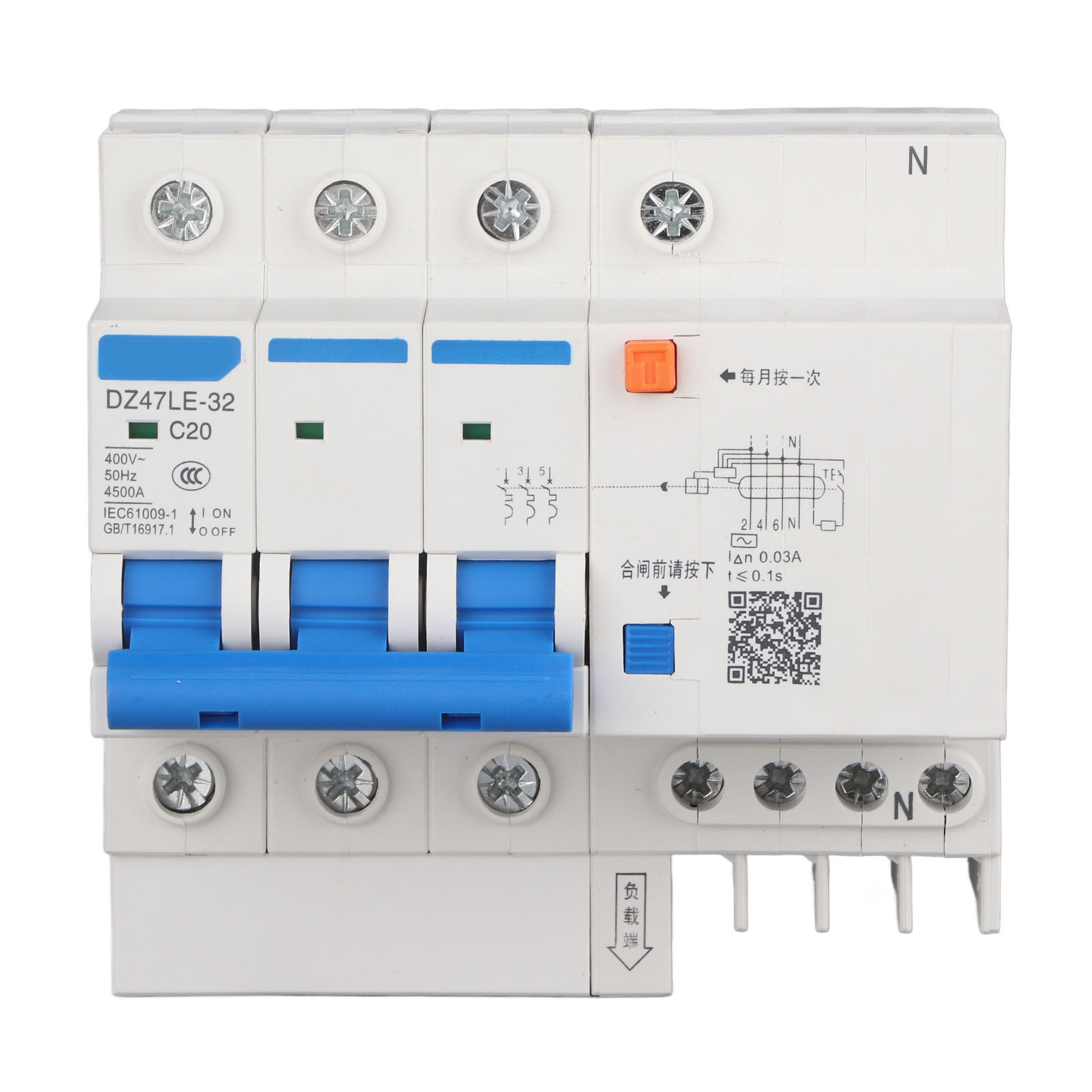Fehlerstromschutzschalter Dz47le, 3p+n, 32 A, 400 V, 20 Ma, Zum Schutz Vor Ableitströmen.