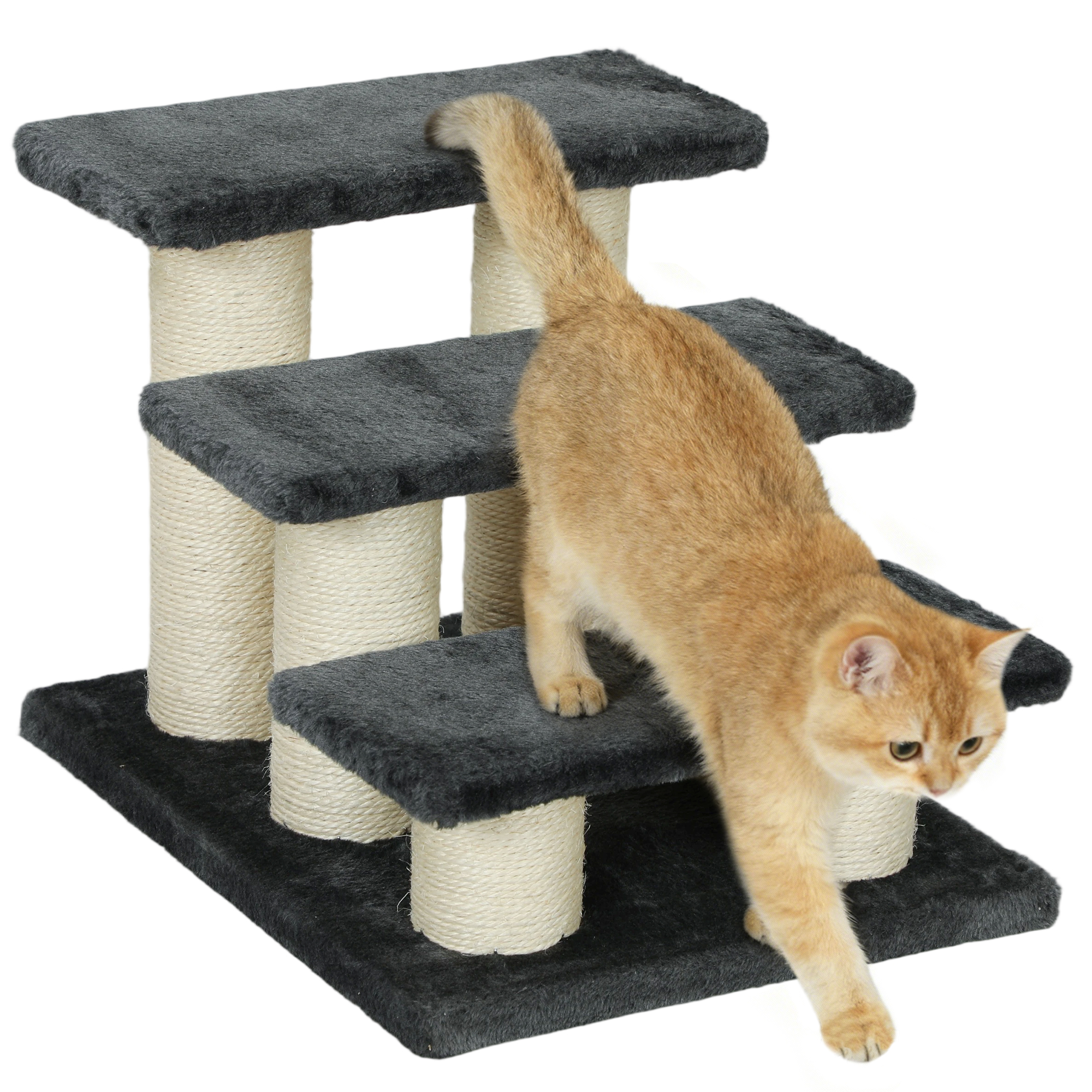 Hundetreppe 3 Stufen 34 Cm Hoch Haustiertreppe Für Hunde Katze Katzentreppe Mit Kratzstamm Hunderampe Einstiegshilfe Für Bett, Sofa, Couch Dunkelgrau