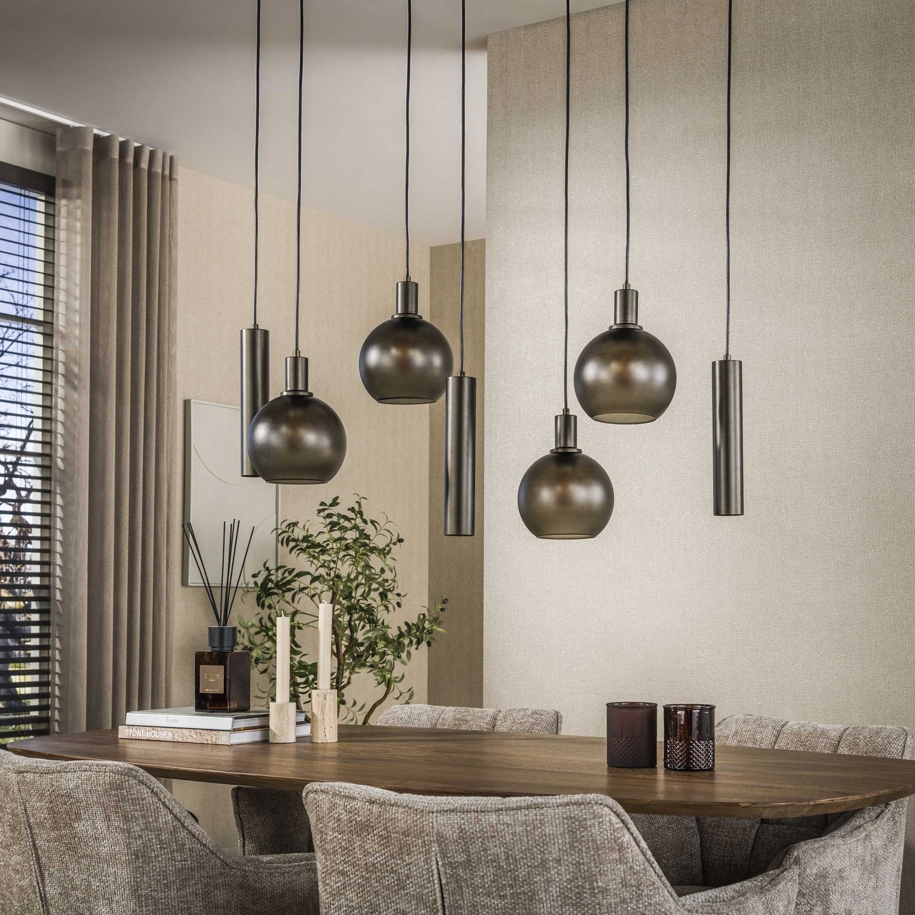 Hängelampe 7-hellbraunes Milchglas-bronze-metall Valeo 110 Cm