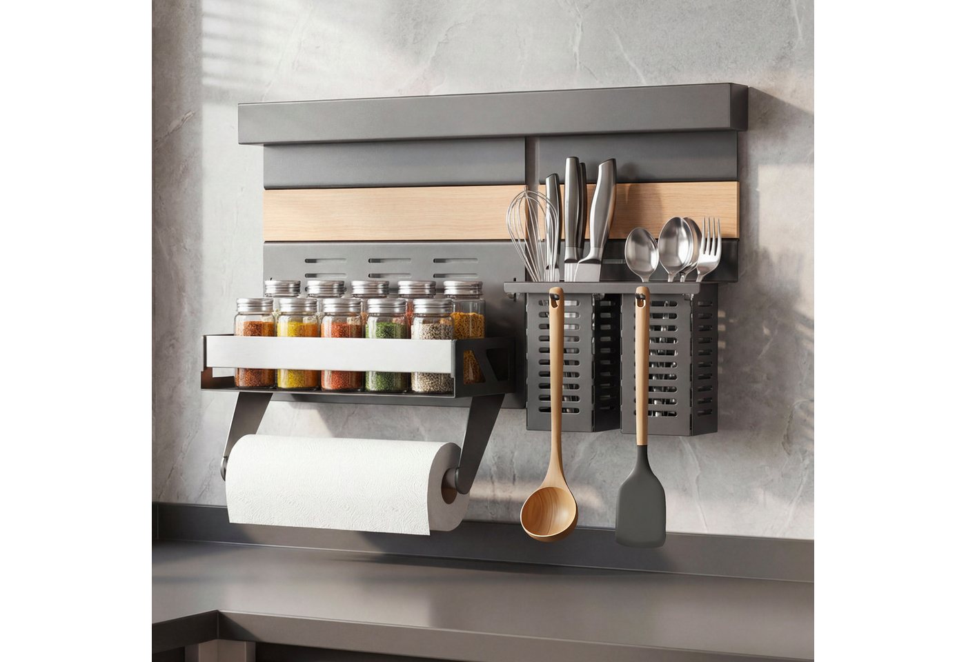 Doporro Küchen Organizer Aus Metall, Gewürzregal Wand Ohne Bohren, Küchenreling 52 Cm Mit 1-stöckigem Gewürzregal, Küchenrollenhalter Und 2 Besteckhalter, Grau Reglo Schiene 52cm Bild 2