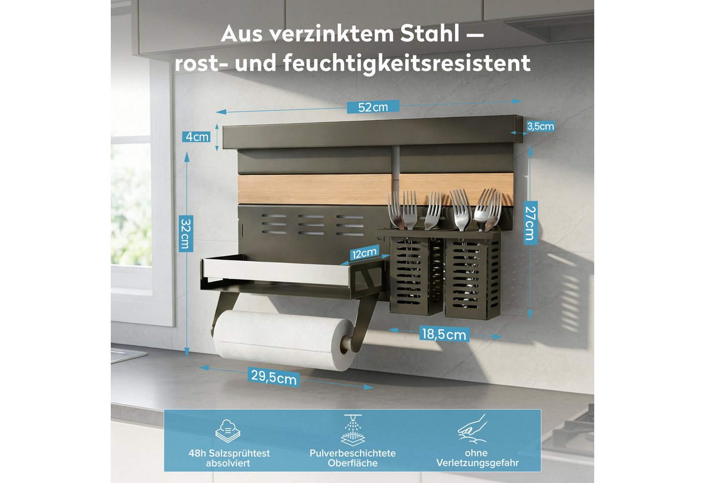 Doporro Küchen Organizer Aus Metall, Gewürzregal Wand Ohne Bohren, Küchenreling 52 Cm Mit 1-stöckigem Gewürzregal, Küchenrollenhalter Und 2 Besteckhalter, Grau Reglo Schiene 52cm Bild 3