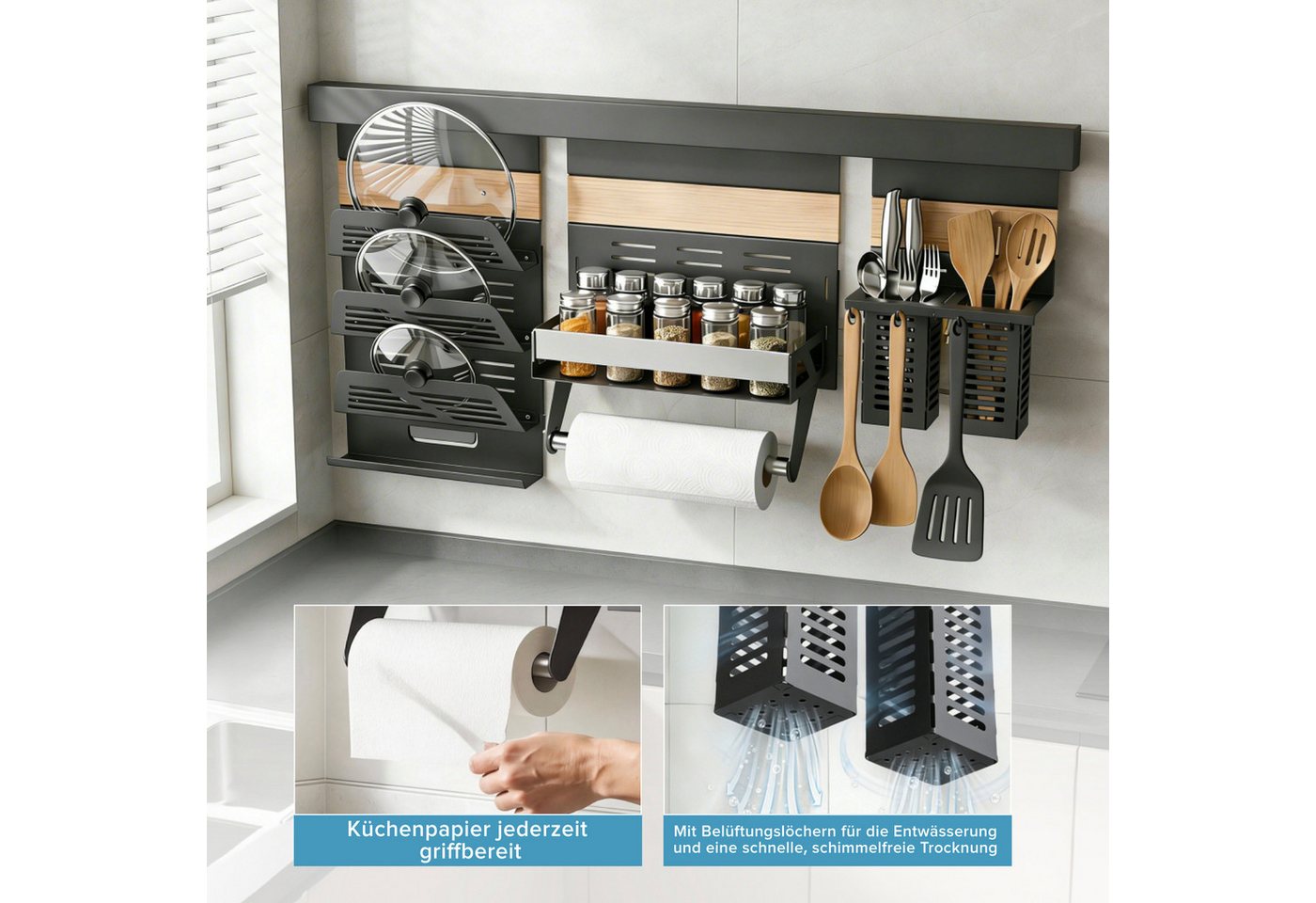 Doporro Küchen Organizer Aus Metall, Gewürzregal Wand Ohne Bohren, Küchenreling 82 Cm Mit 1-stöckigem Gewürzregal, Küchenrollenhalter, Deckelhalter Und 2 Besteckhalter, Grau Reglo Schiene 82cm Bild 2