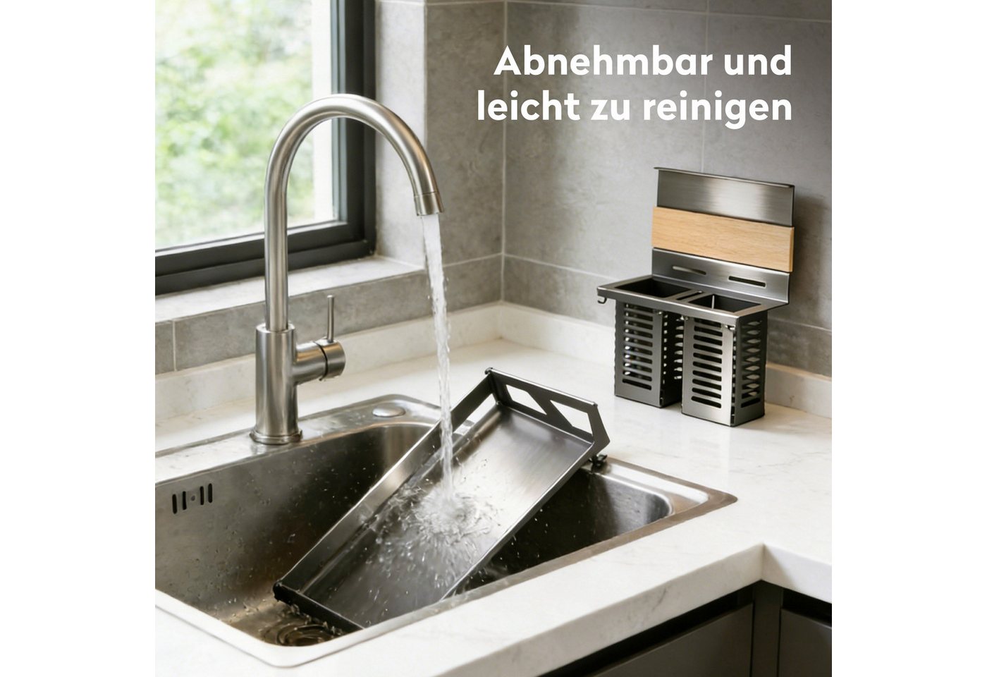 Doporro Küchen Organizer Aus Metall, Gewürzregal Wand Ohne Bohren, Küchenreling 82 Cm Mit 1-stöckigem Gewürzregal, Küchenrollenhalter, Deckelhalter Und 2 Besteckhalter, Grau Reglo Schiene 82cm Bild 3