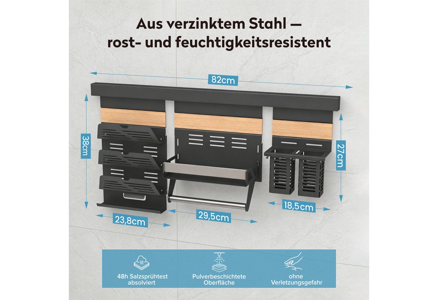 Doporro Küchen Organizer Aus Metall, Gewürzregal Wand Ohne Bohren, Küchenreling 82 Cm Mit 1-stöckigem Gewürzregal, Küchenrollenhalter, Deckelhalter Und 2 Besteckhalter, Grau Reglo Schiene 82cm Bild 4