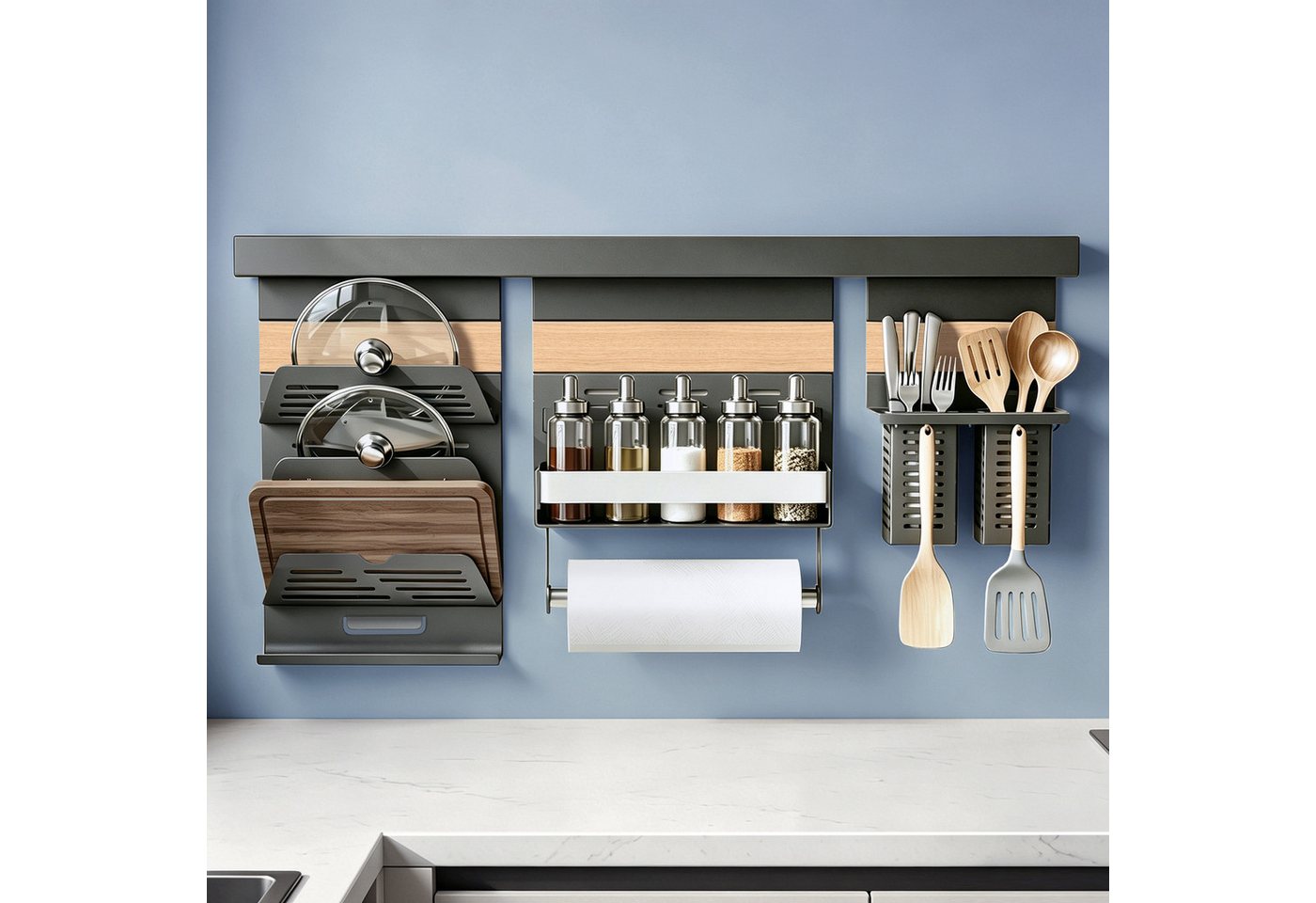 Doporro Küchen Organizer Aus Metall, Gewürzregal Wand Ohne Bohren, Küchenreling 82 Cm Mit 1-stöckigem Gewürzregal, Küchenrollenhalter, Deckelhalter Und 2 Besteckhalter, Grau Reglo Schiene 82cm Bild 5