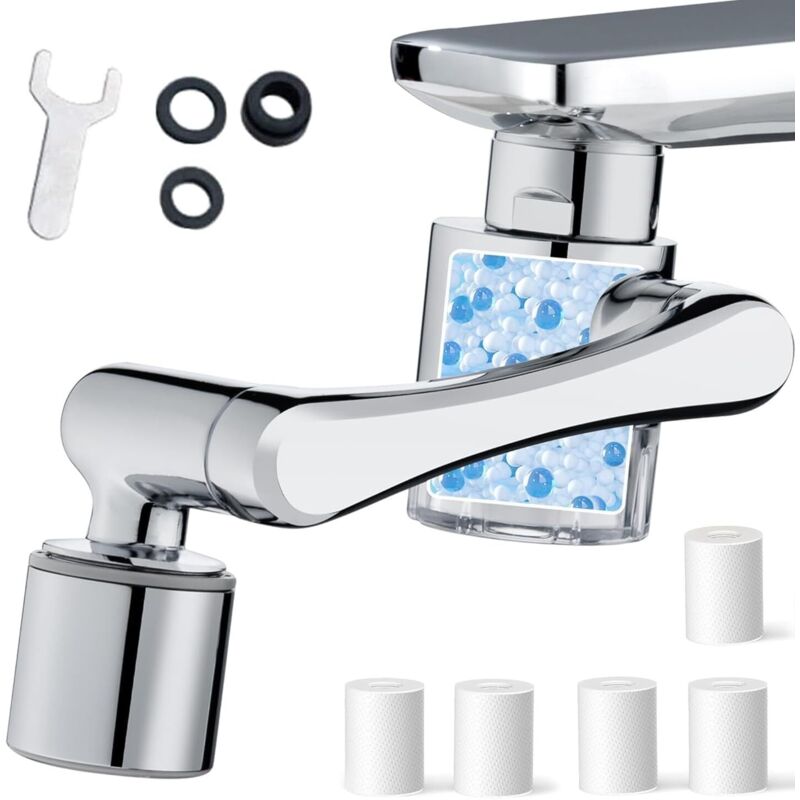 1080° Drehbarer Anti-kalk-wasserhahnfilter, Transparenter Wasserhahnfilter Mit 5 Pp-baumwollfilterelementen, 2-modus-anti-kalk-wasserhahnfilter Für Küche Und Bad (silber 1)