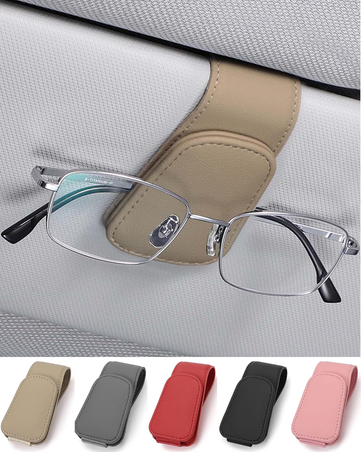 Brillenhalter Fürs Auto, Leder-clip-halter Für Die Sonnenblende, Für Sonnenbrillen, Karten, Tickets, Beige