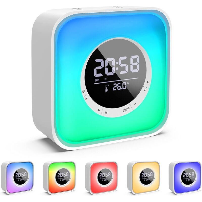 Beleuchteter Wecker Mit Bluetooth-lautsprecher – 10-farbige Led-nachttischlampe – Fm-radio – Temperaturanzeige – Wiederaufladbarer 3600-mah-akku