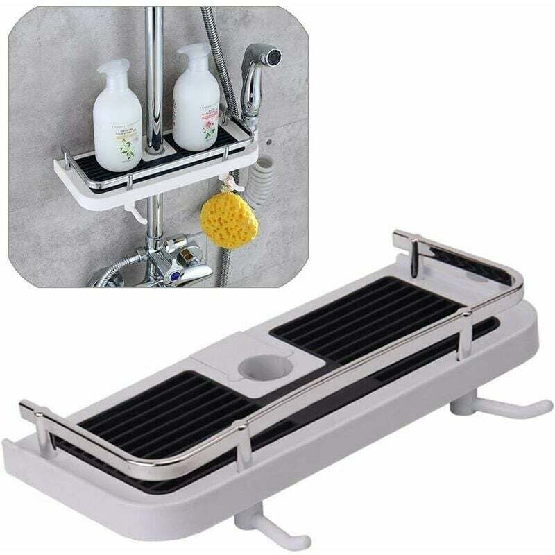 Duschablage Mit Seifenschale Und 2 Haken Sowie Duschstangenhalterung (20–25 Mm Durchmesser) – Ideal Für Badezimmer. Weiß.