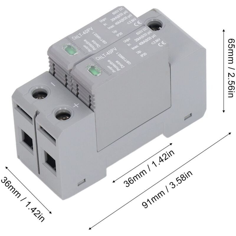 2-poliger Dc-überspannungsschutz 600 V – 20 Ka Überspannungsschutz – 2,8 Kv Schutzpegel – 36 Mm Standard-schienenmontage