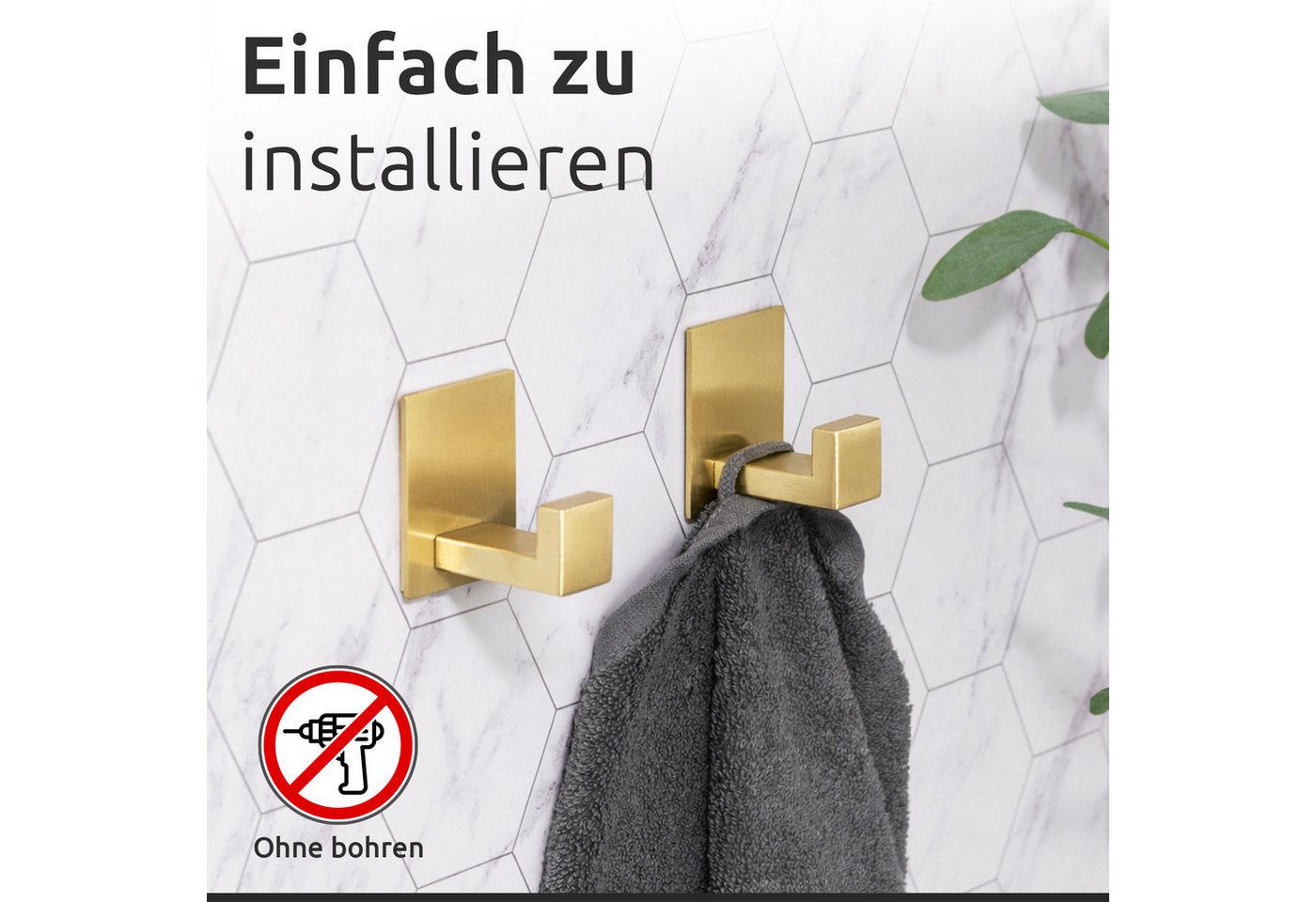 2x Handtuchhaken Ohne Bohren Selbstklebend Gold Handtuchhalter Edelstahl