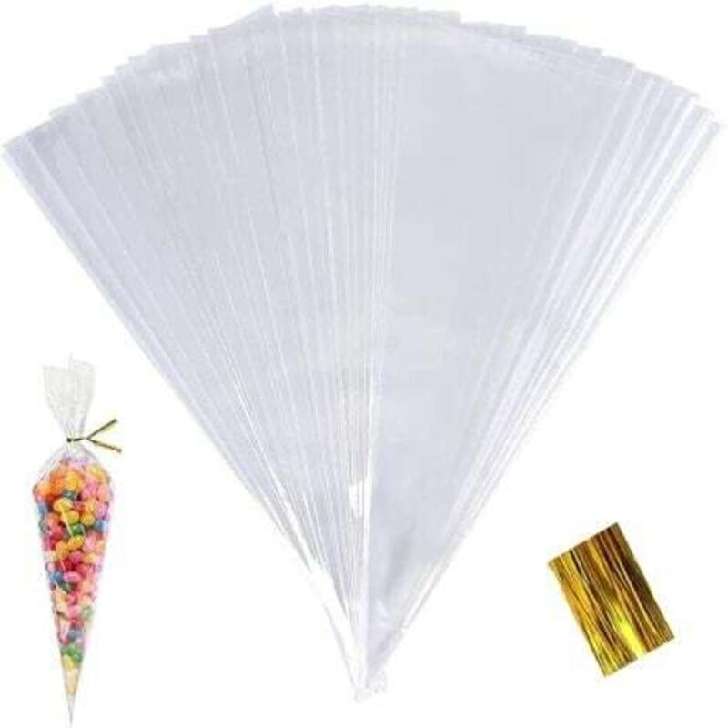 Transparente Zellophan-bonbontüten – 100 Stück, Kegelförmig, 25 X 13 Cm, Inklusive Goldband, Ideal Für Partys, Hochzeiten Und Weihnachten