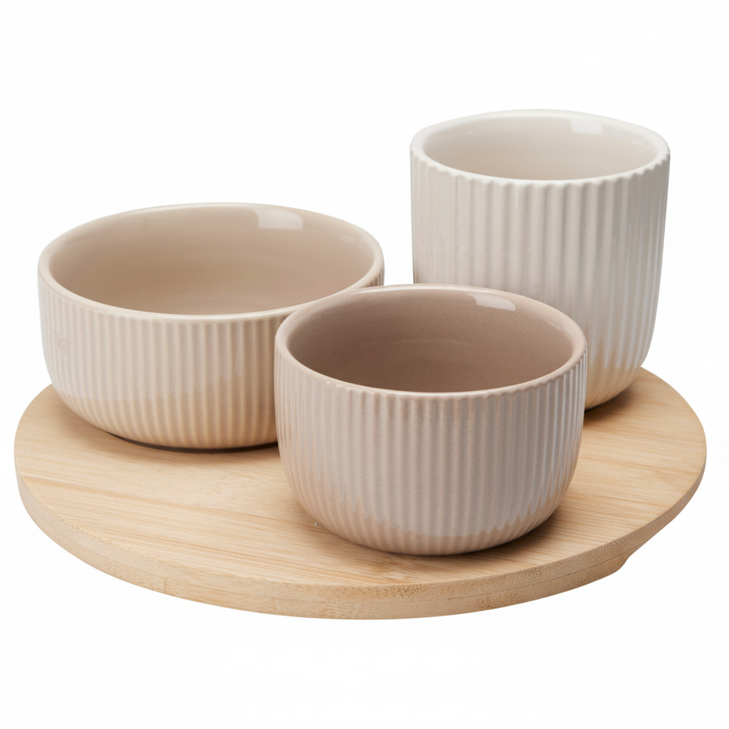 Set Aus Keramischen Schalen Für Snacks Liny Auf Einem Bambusbrett