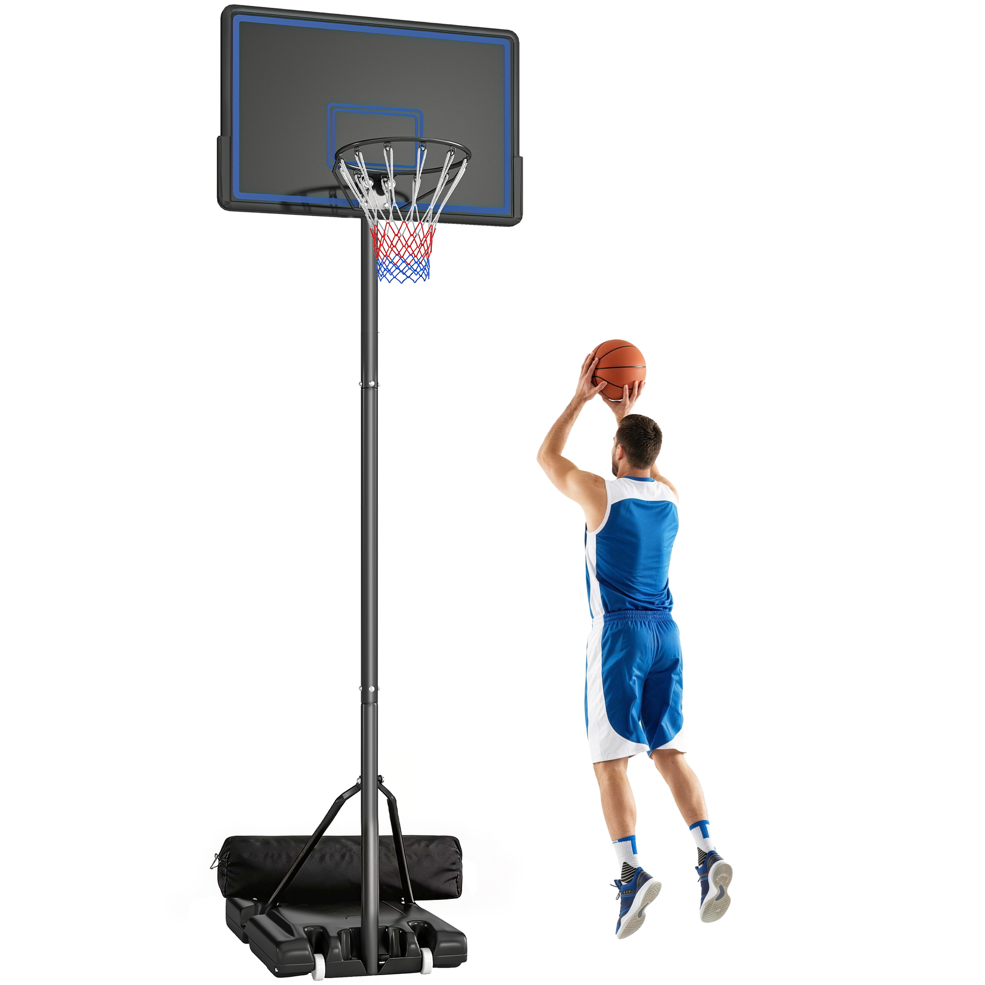 Freistehender Basketballkorb, Höhenverstellbar Von 1,35 Bis 3,05 M, Blau, Mit Rollen, Beschwertem Sockel Und Sandsack, Ideal Für Kinder Und Erwachsene.