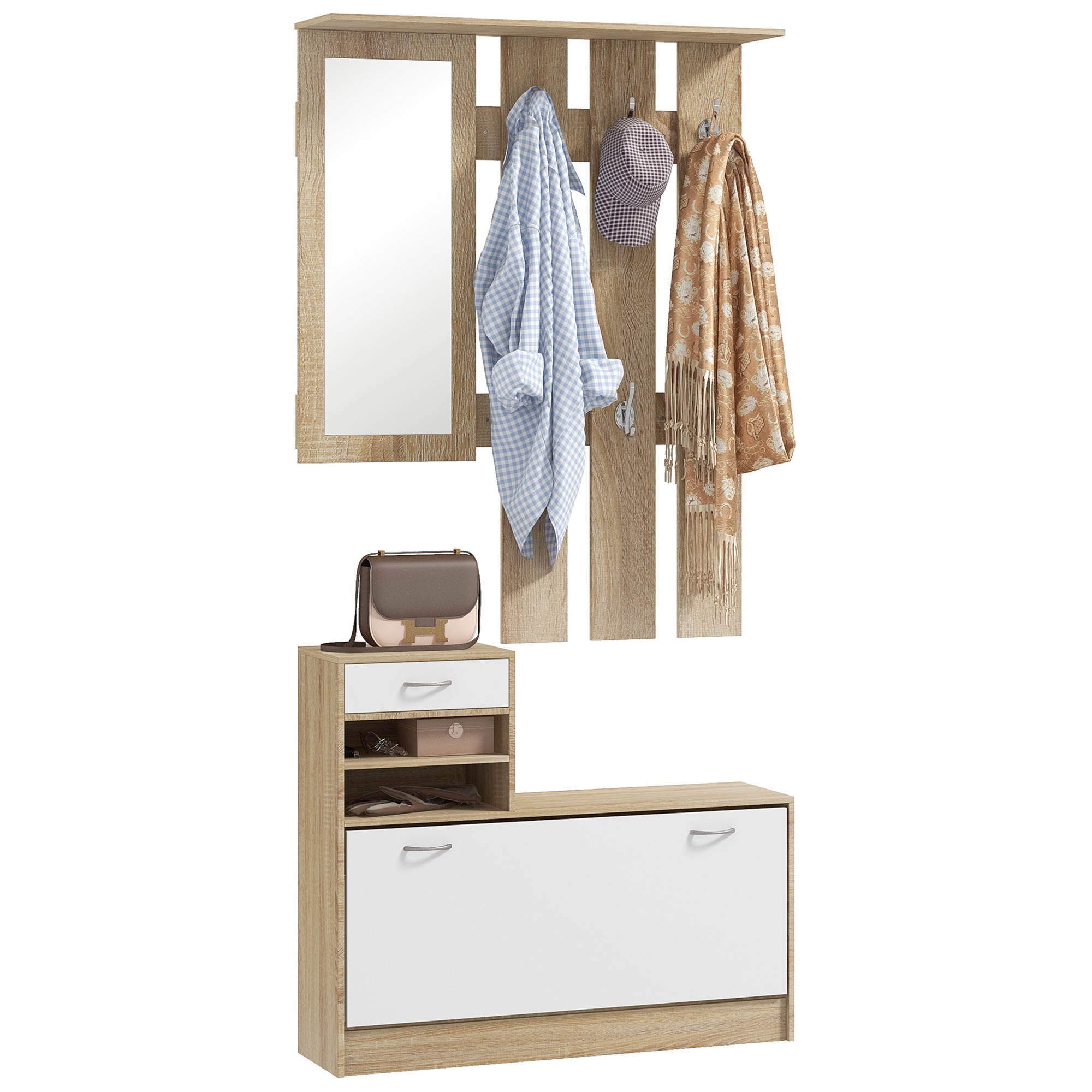 Garderobenschrank Mit Kleiderstange, Spiegel, Schuhbank, 6 Haken Und Verstellbarem Einlegeboden. Praktische Aufbewahrungsmöglichkeit Für Schuhe Und Mäntel Im Flur. Ideal Für Kleine Räume.