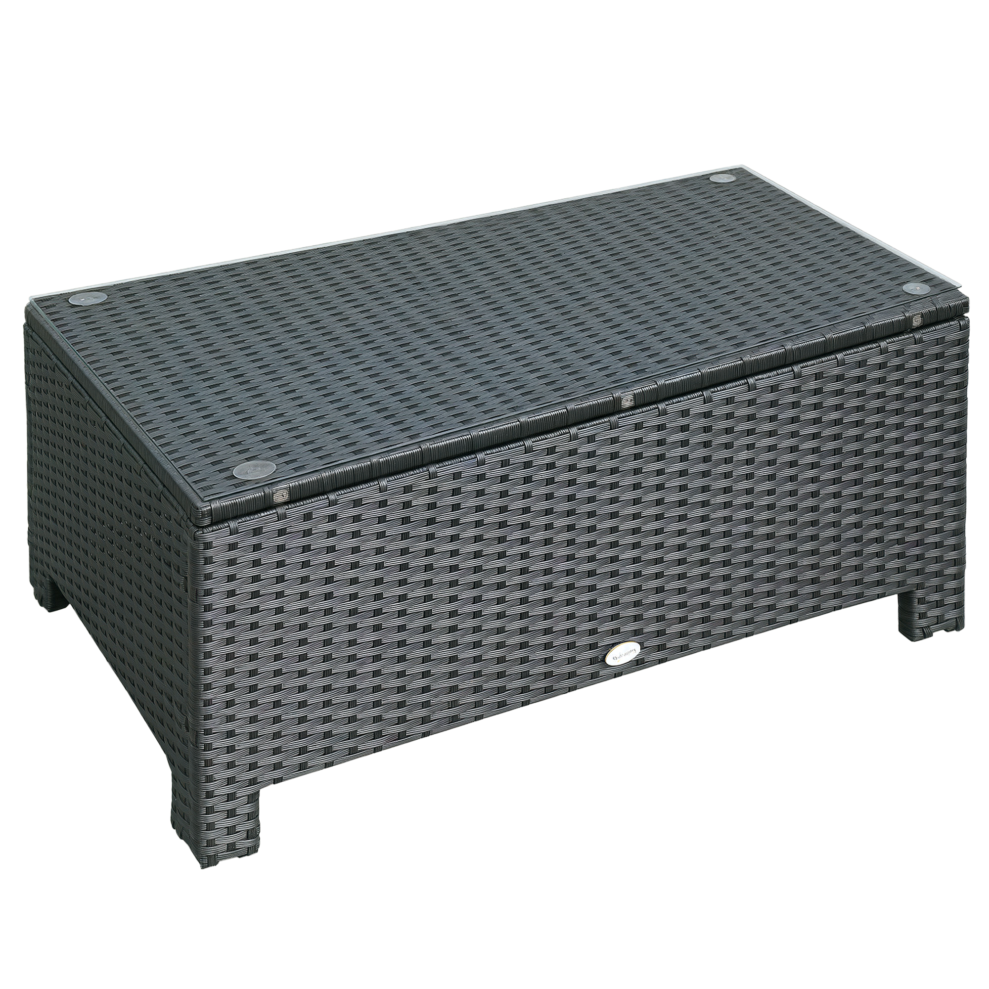 Outsunny Garten-couchtisch 85x50x39cm, 5mm Gehärtete Glasplatte, Schwarzes Geflochtenes Rattan, Tragkraft 50kg, Ideal Für Die Terrasse, Modernes Design.