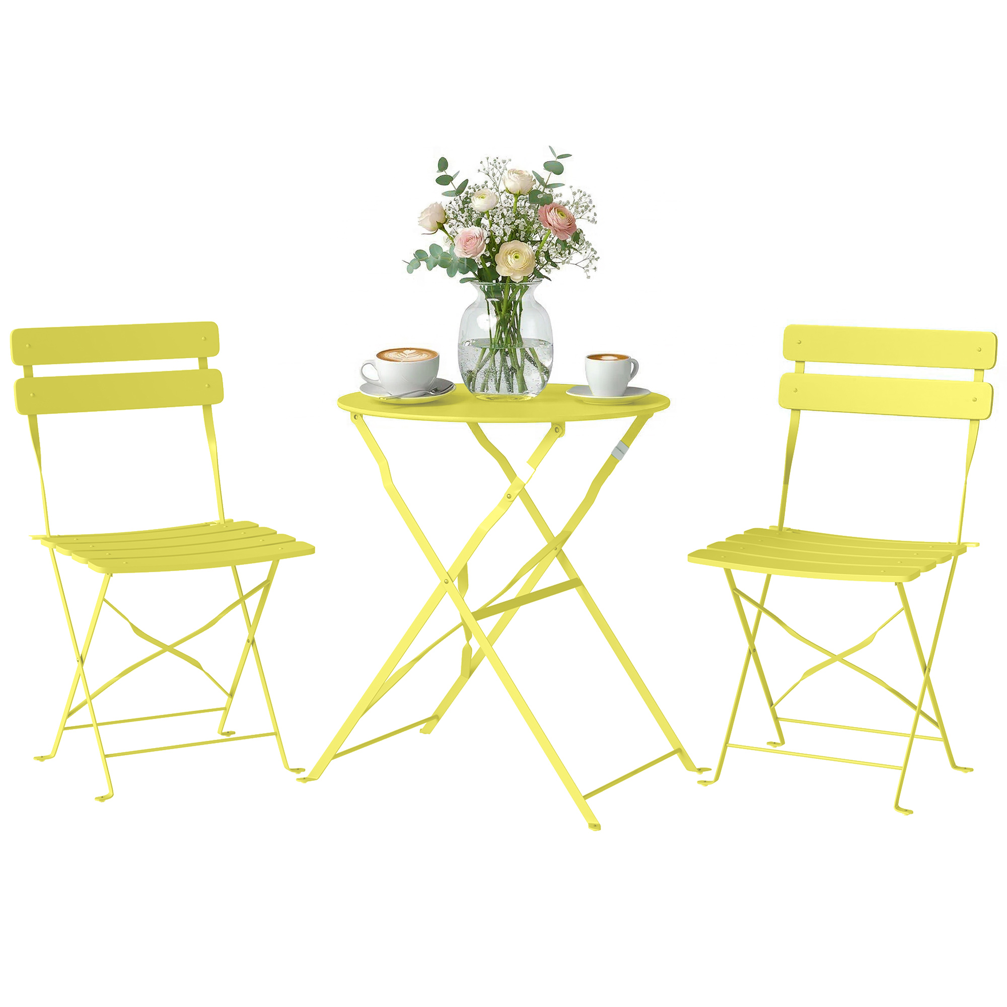 Gelber 3-teiliger Klapp-bistrotisch, Gartenset Mit 2 Rostfreien Doppellattenstühlen, Kompakte Klappmöbel Für Den Außenbereich, Runder Klapptisch Und Klappstuhl Für Terrasse Und Balkon, Rostbeständig.