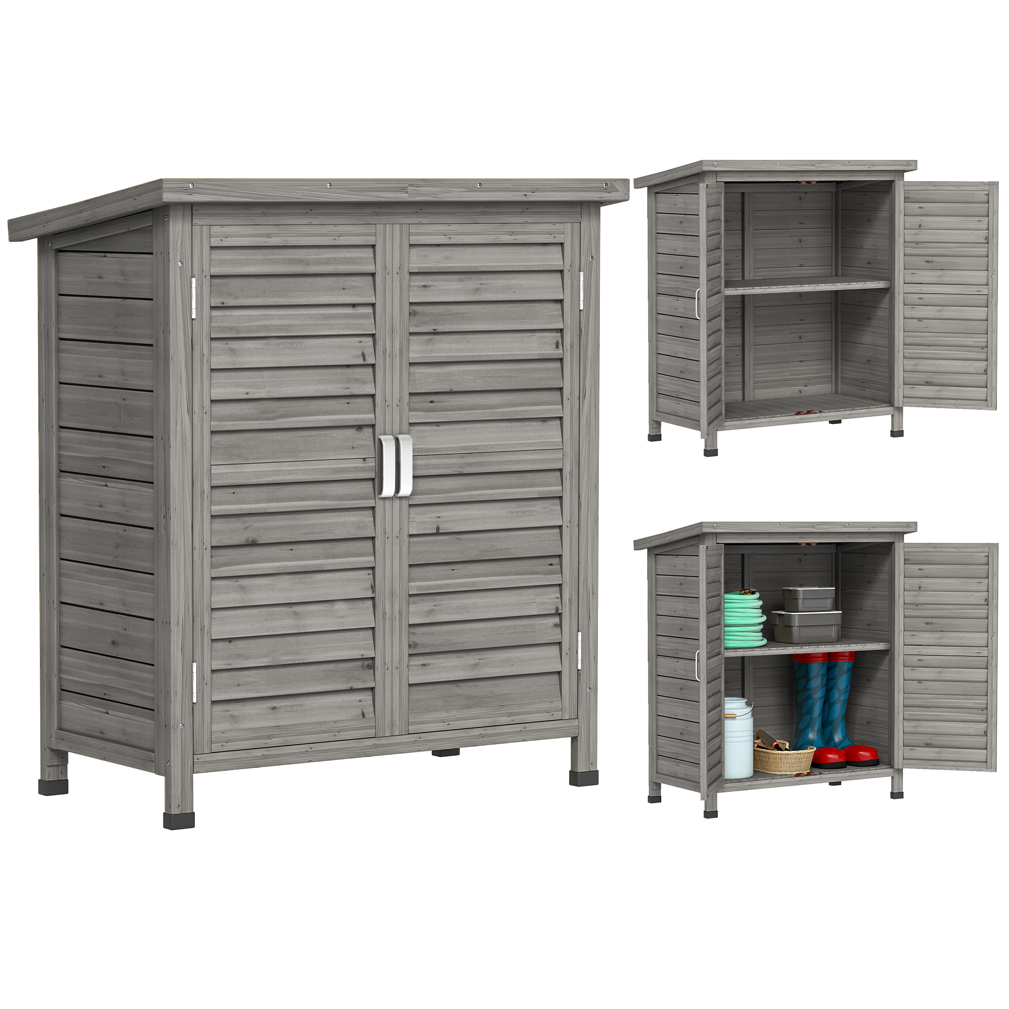 Gartenschrank Aus Grauem Tannenholz, 87l X 46,5b X 96,5h Cm, Freistehender Geräteschuppen Mit Regalen, Lamellentüren Und Bitumendach, Ideal Zur Aufbewahrung Von Werkzeugen Und Gartenzubehör.