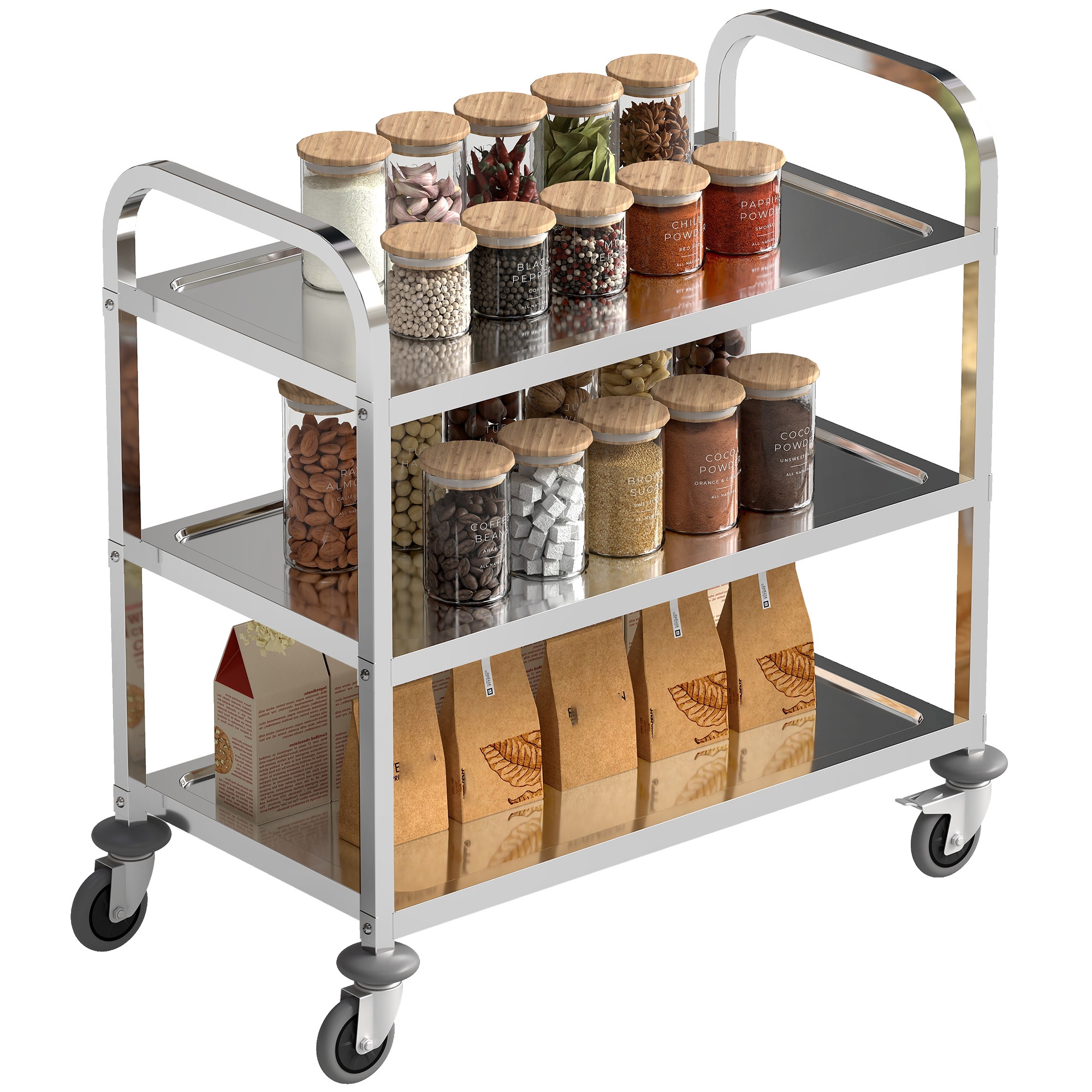 Homcom Küchenwagen Mit 3 Ablagen Und Rollen, Aufbewahrungswagen Aus Edelstahl, Rollmöbel Für Esszimmer Und Küche, Maße 90,5 X 50,5 X 88,2 Cm, Silber.