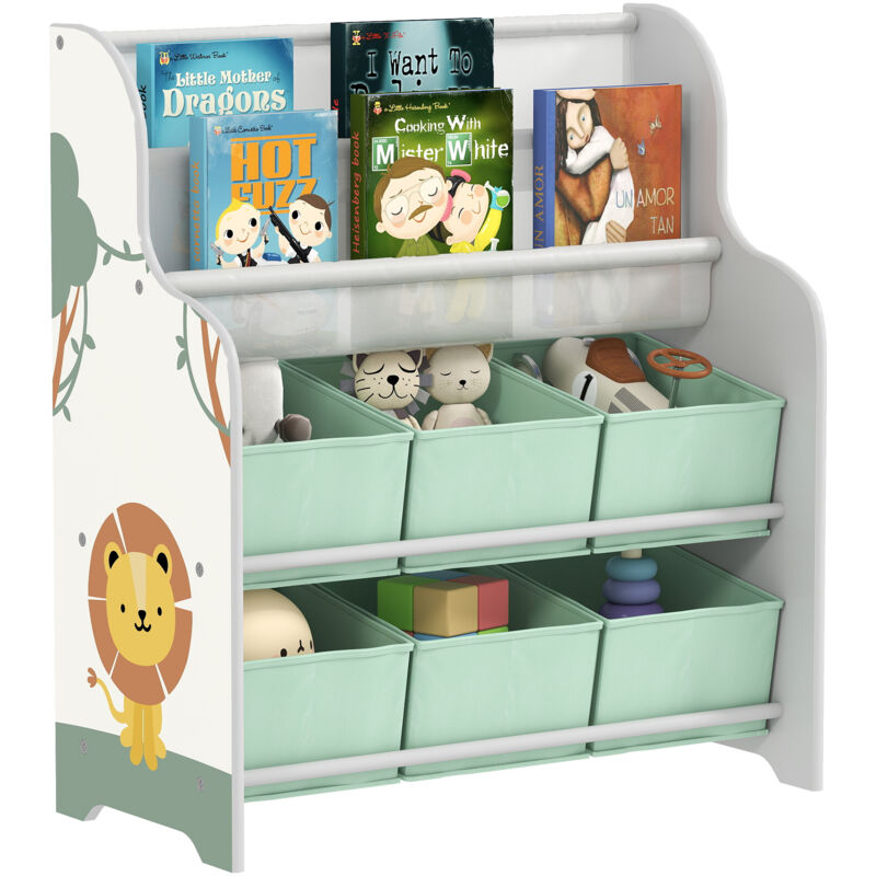 Aufbewahrungsmöbel Für Kinder Mit 6 Stoffschubladen Und Einem Zweistöckigen Regal, Maße: 63 X 30 X 71 Cm, Grün. Ideal Für Spielzeug, Bücher Und Kleidung Ein Vielseitiger Organizer Fürs Kinderzimmer.