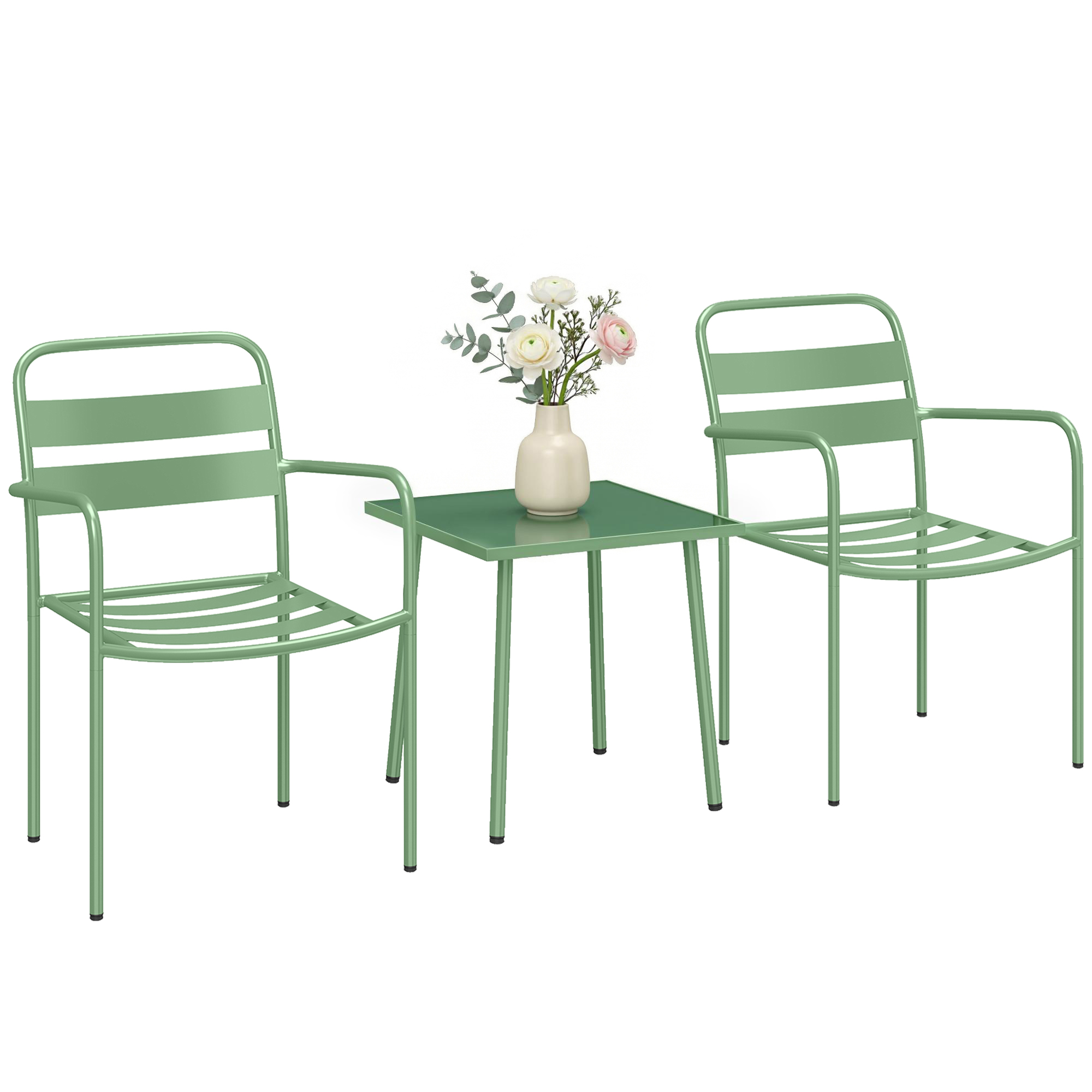3-teiliges Garten-set: Couchtisch Aus Gehärtetem Glas + 2 Lattenstühle, Grünes, Verzinktes Stahlgestell, Robuste Bistro-möbel Für Den Außenbereich.