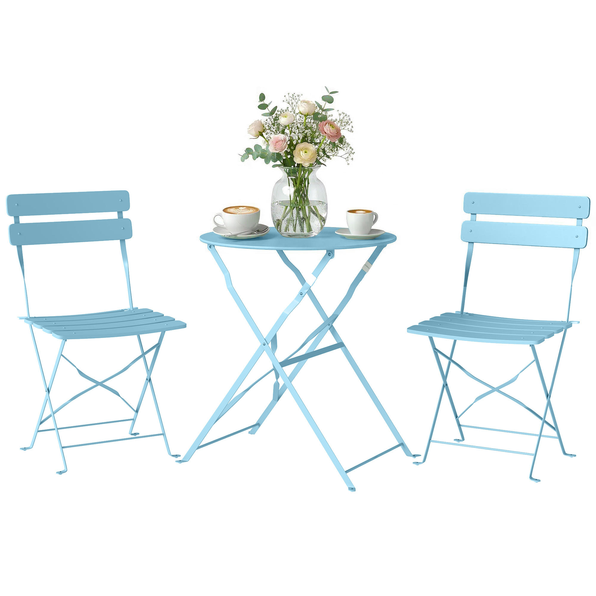 Hellblaues 3-teiliges Bistro-set Für Den Außenbereich, Runder Klapptisch + 2 Lattenstühle, Doppelt Rostfrei, Ideal Für Kleine Gärten, Balkone Und Terrassen.