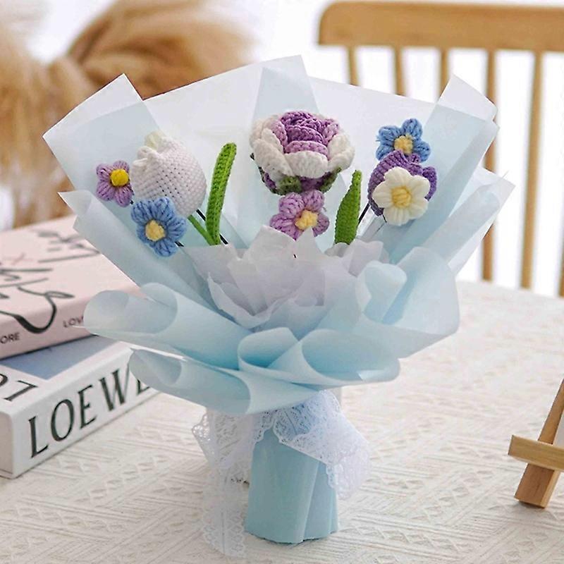 Handgestrickter Künstlicher Blumenstrauß Mit Geschenkpapier, Ideal Für Hochzeiten, Tischdekoration, Romantische Geschenke, Partys, Zuhause, Als Tischdekoration, Wollblumen, Handgefertigt.