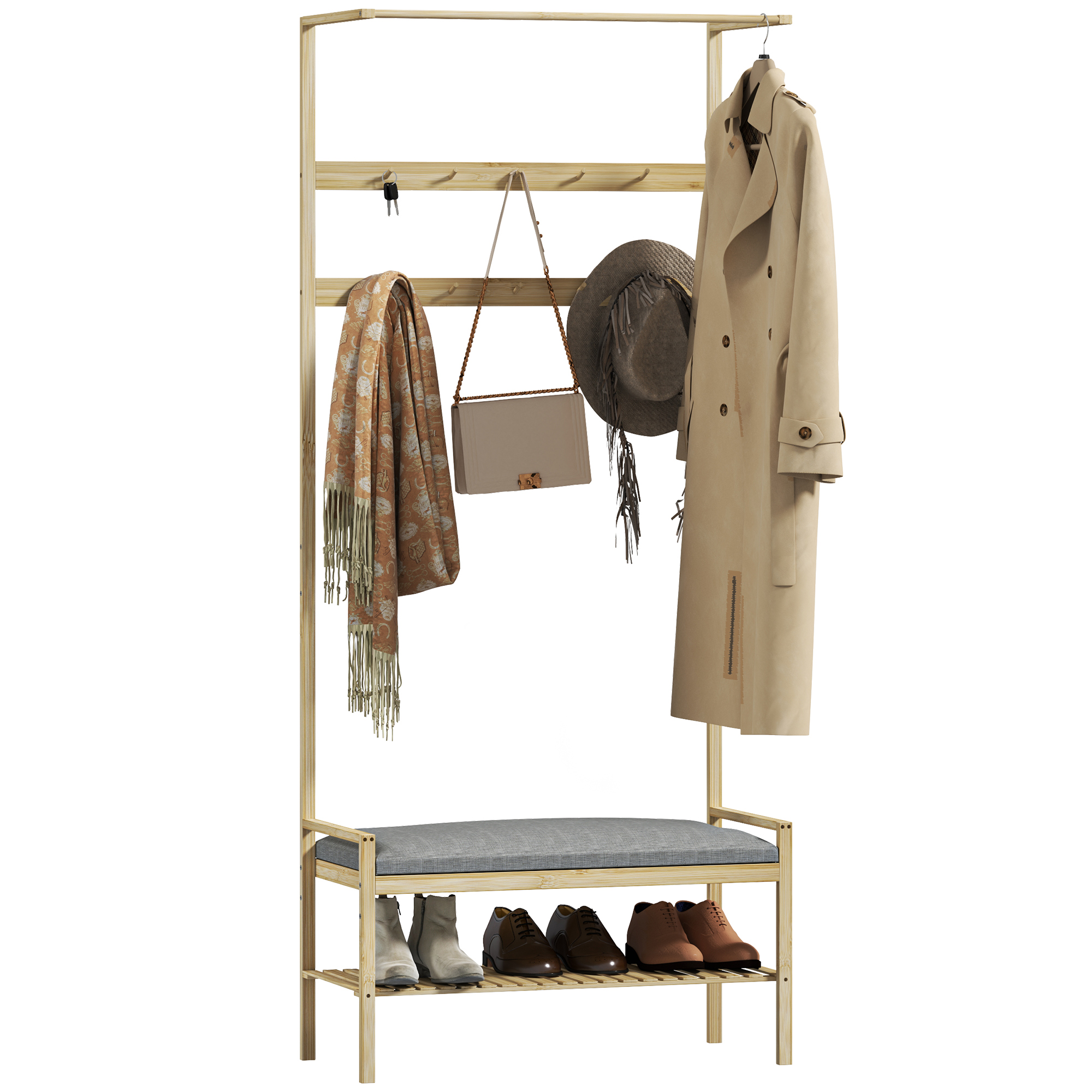 Wandmontierte Garderobe Mit Schuhablage, 10 Haken, Kleiderstange, Gepolstertem Kissen, Natürlich, Praktische Aufbewahrungsmöglichkeit Für Den Eingangsbereich.