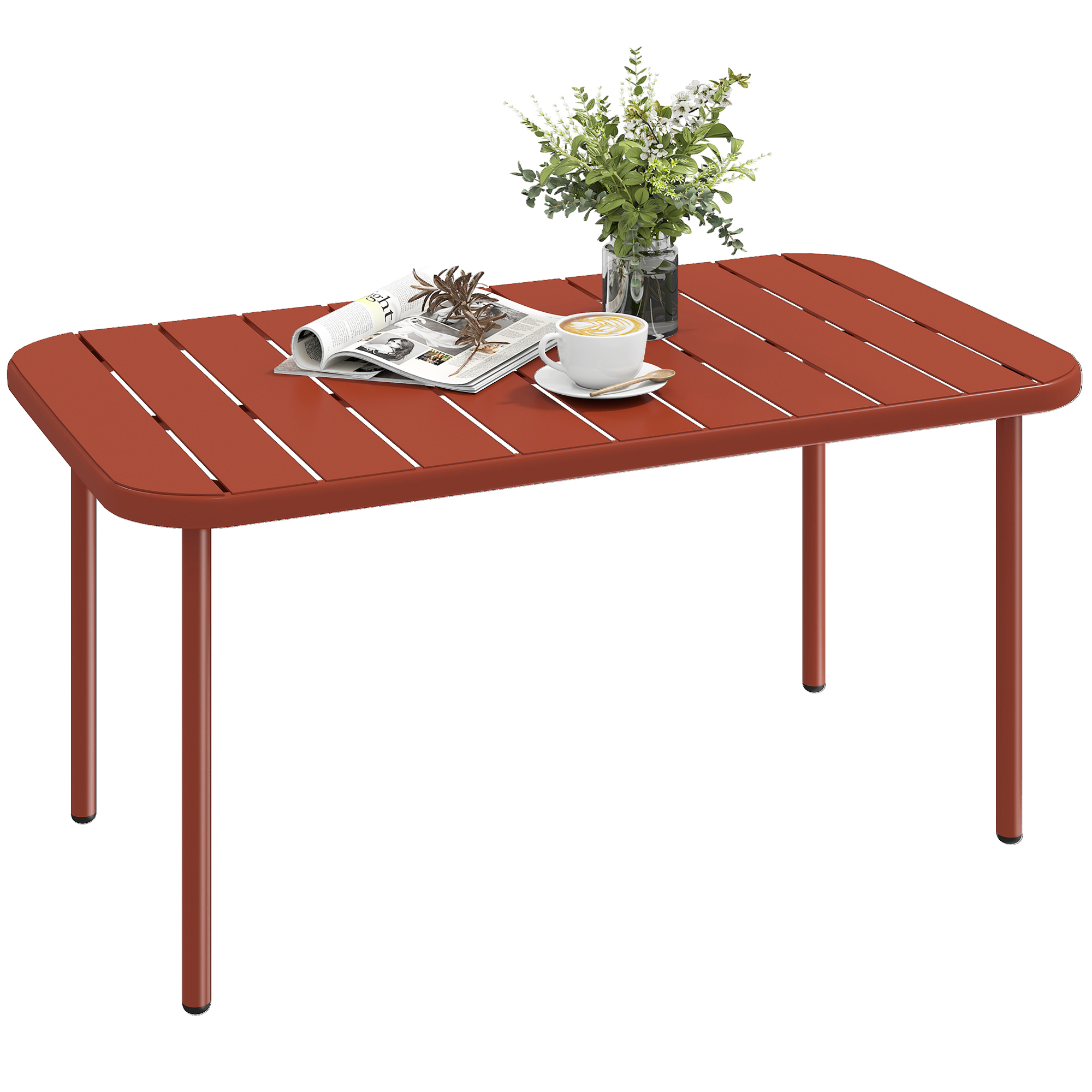Garten-couchtisch Aus Rot Verzinktem Stahl, Rechteckige Lattenplatte Mit Abgerundeten Ecken, Maße 90x50x43 Cm, Ideal Für Den Außenbereich.