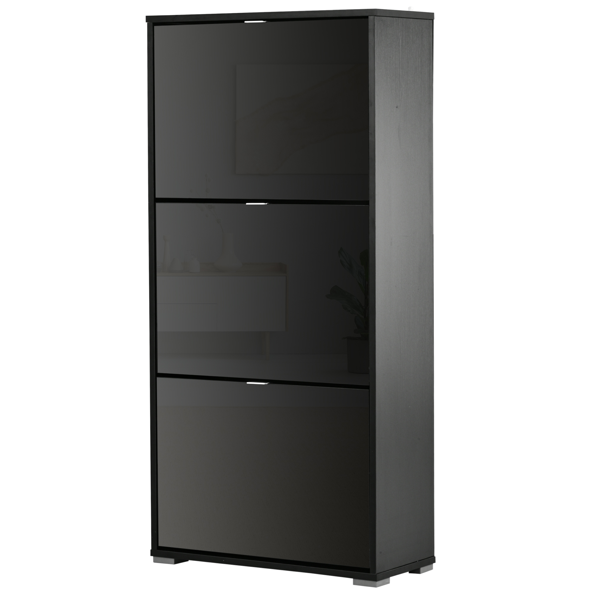 Homcom Schuhschrank Mit 3 Klapptüren, Aufbewahrungseinheit Aus Schwarz Lackiertem Holz, 3 Fächer, Maße 60x26x124 Cm, Ideal Für Eingangsbereich Oder Ankleidezimmer.